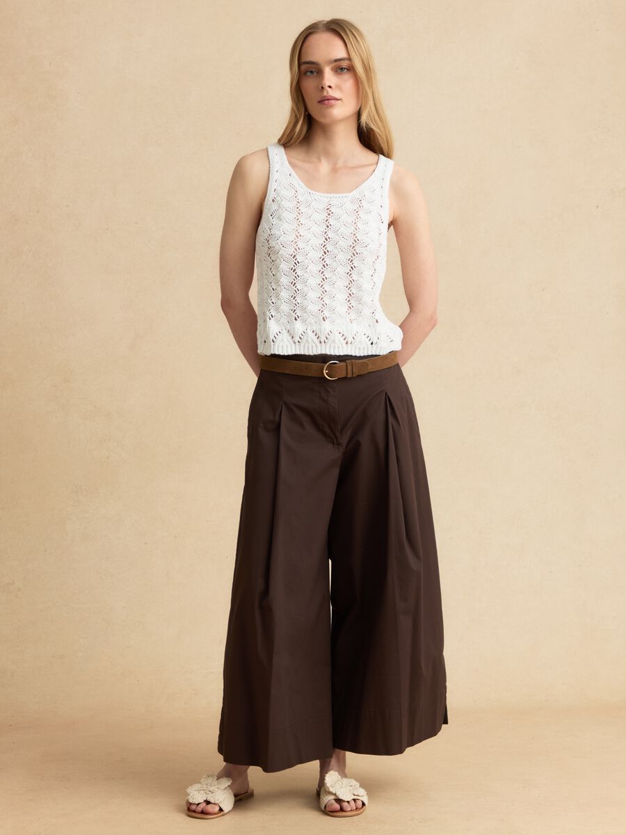 Brown stretch cotton culotte trousers_0