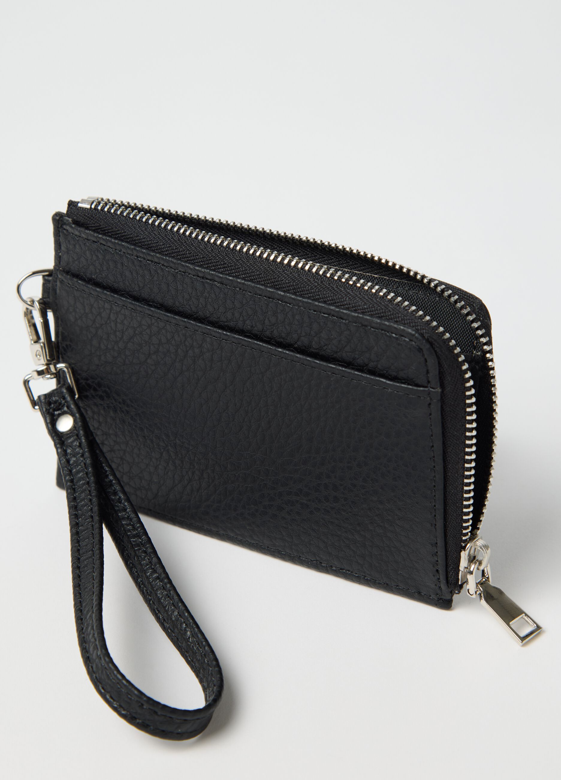 Textured black wallet with strap