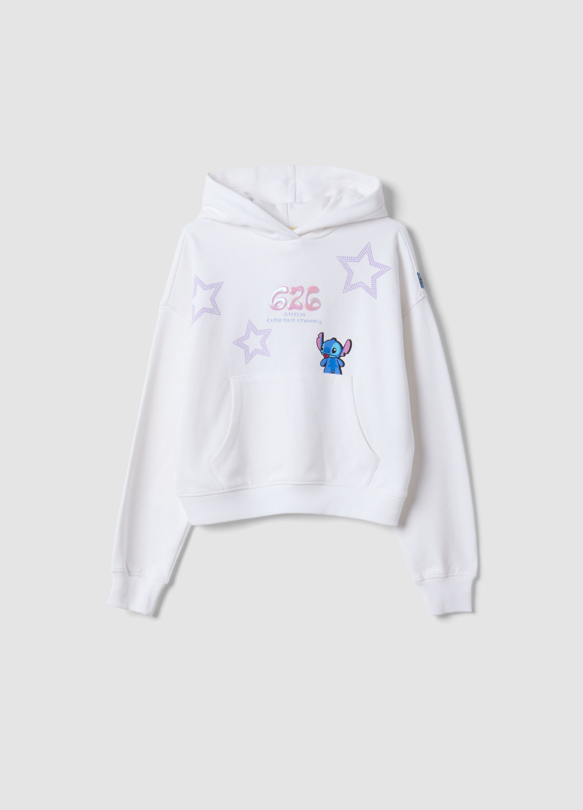 White cropped pure cotton hoodie with Lilo & Stitch print
