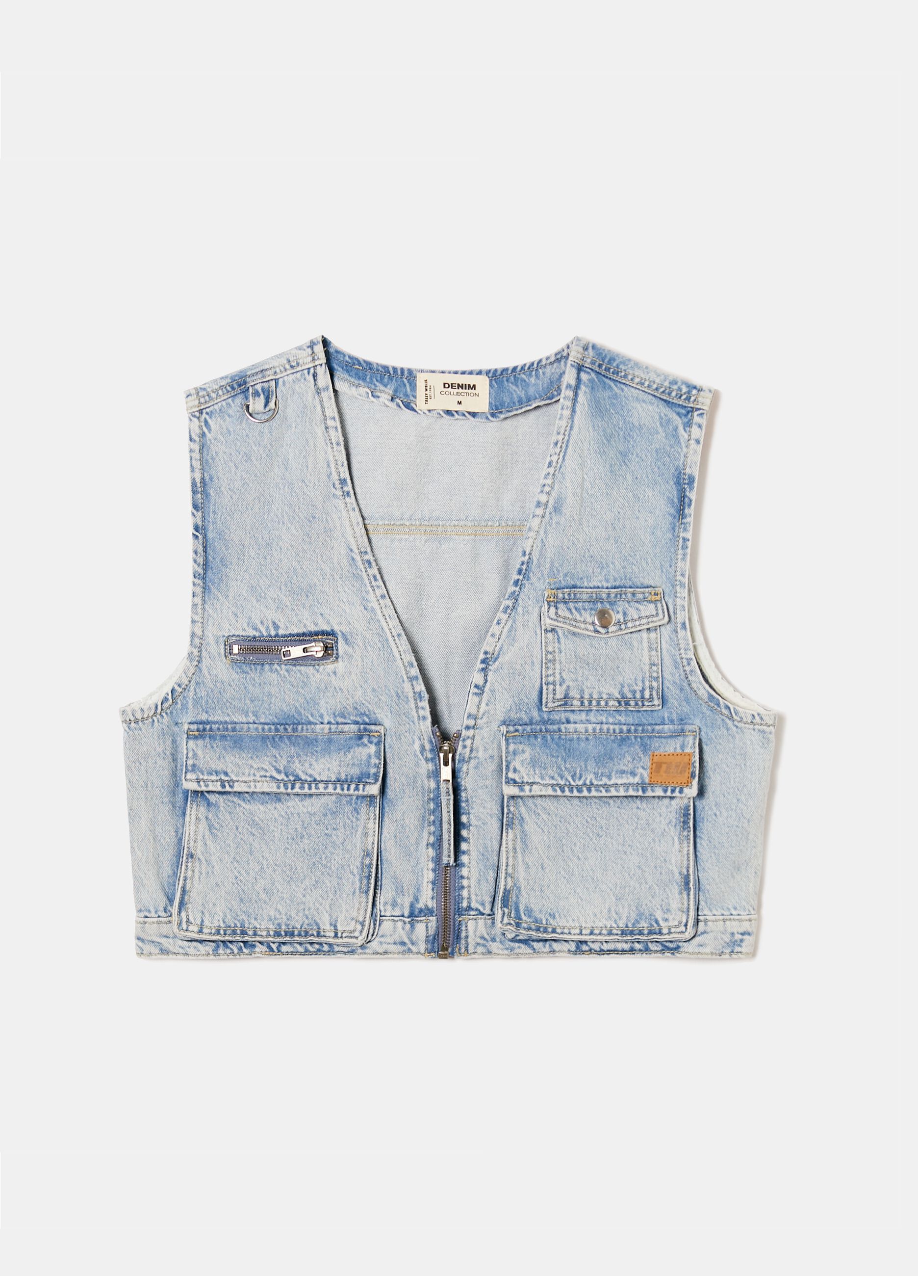 Cropped gilet in denim with zip