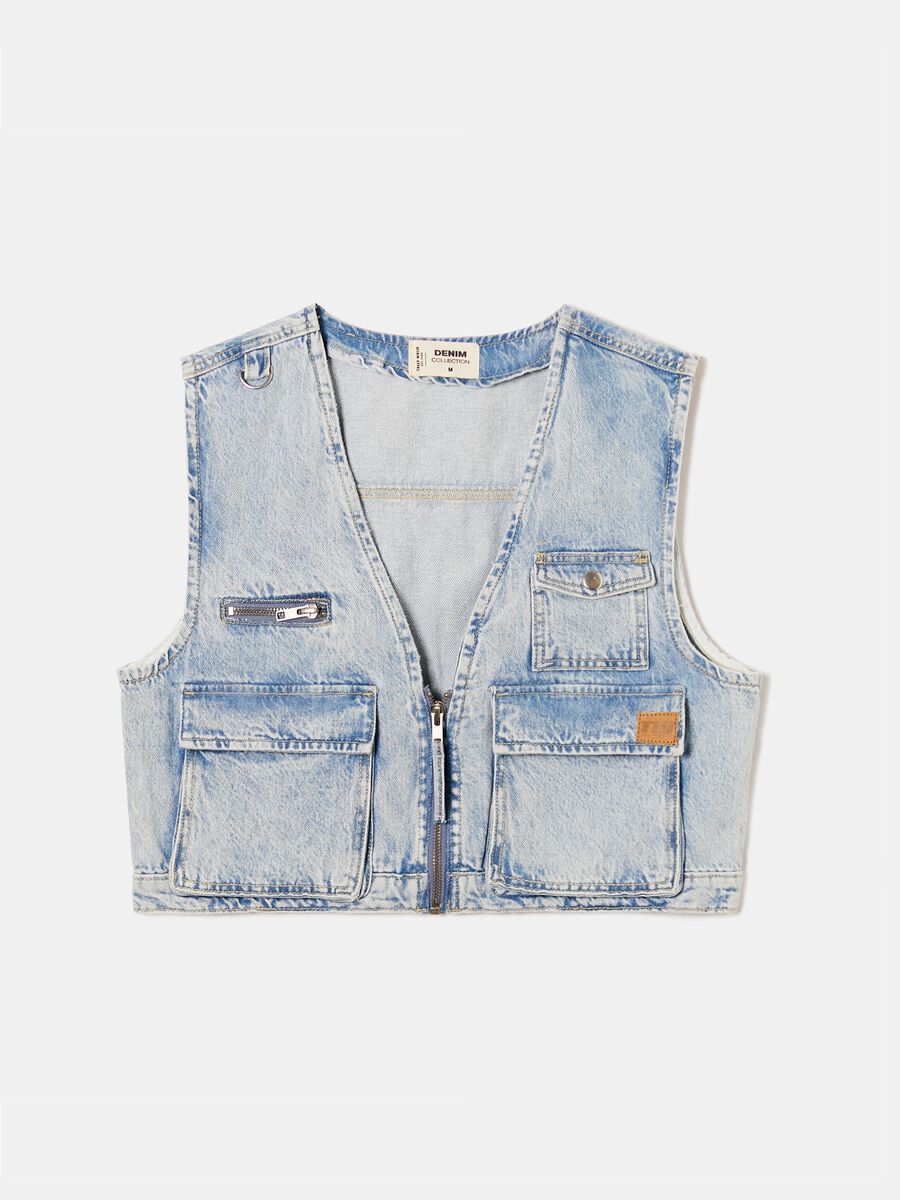 Cropped gilet in denim with zip_3
