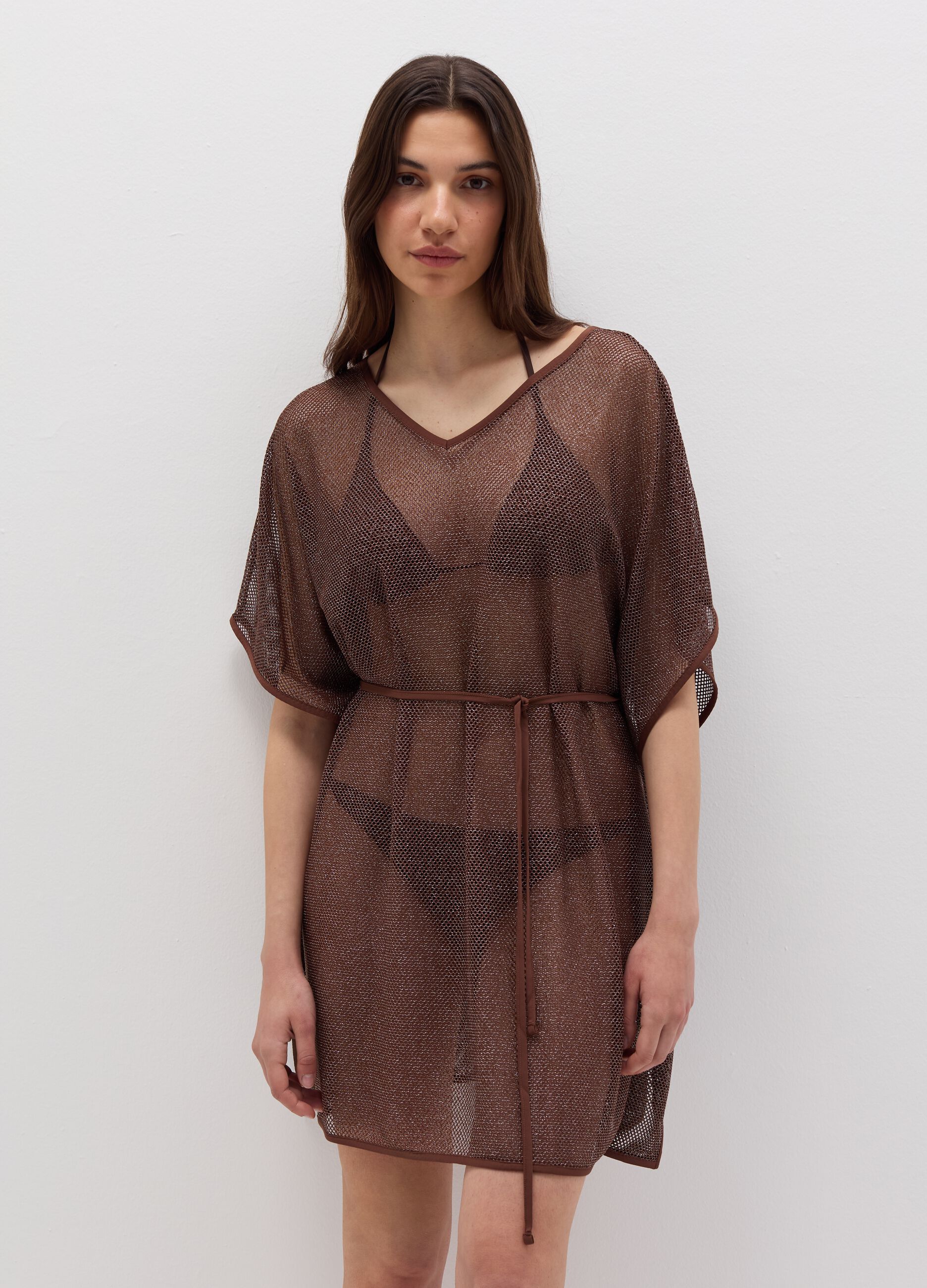 Beach cover-up poncho in lurex mesh