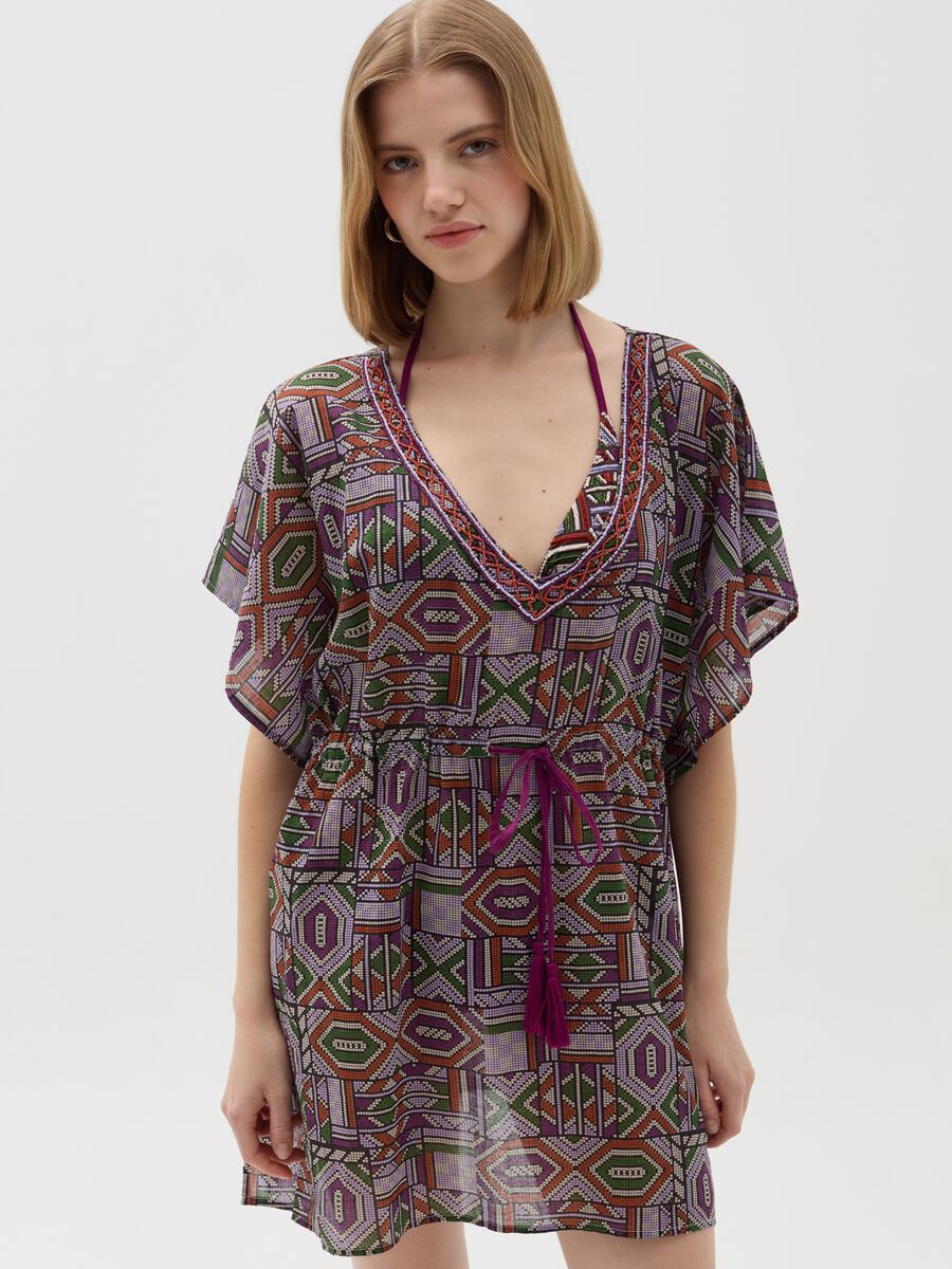 Beach cover-up poncho with beads and print_1