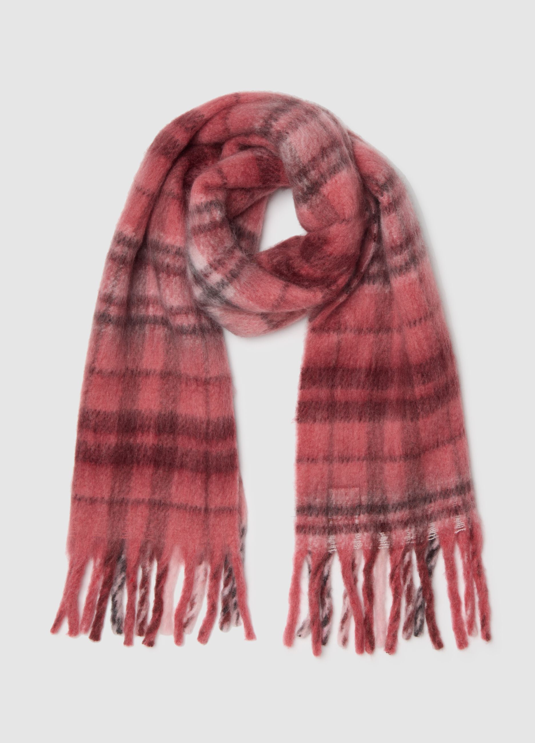 Multicolour chequered wool blend scarf with fringes