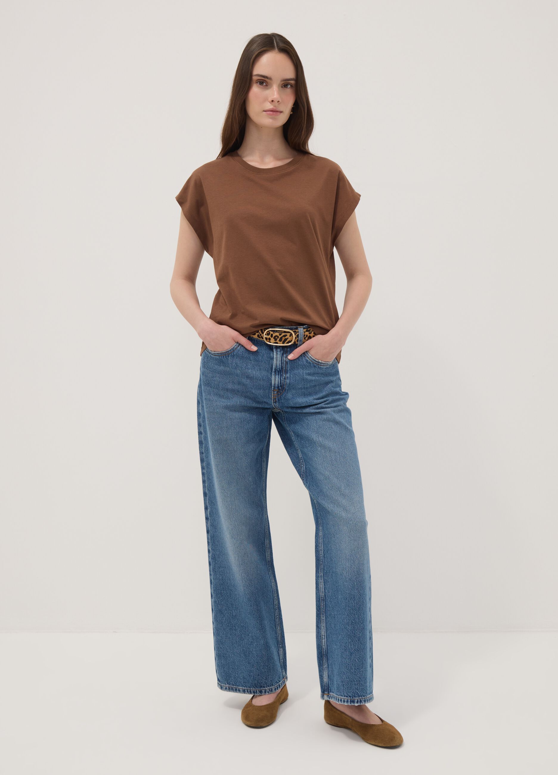 Brown pure cotton short-sleeve regular fit T-shirt