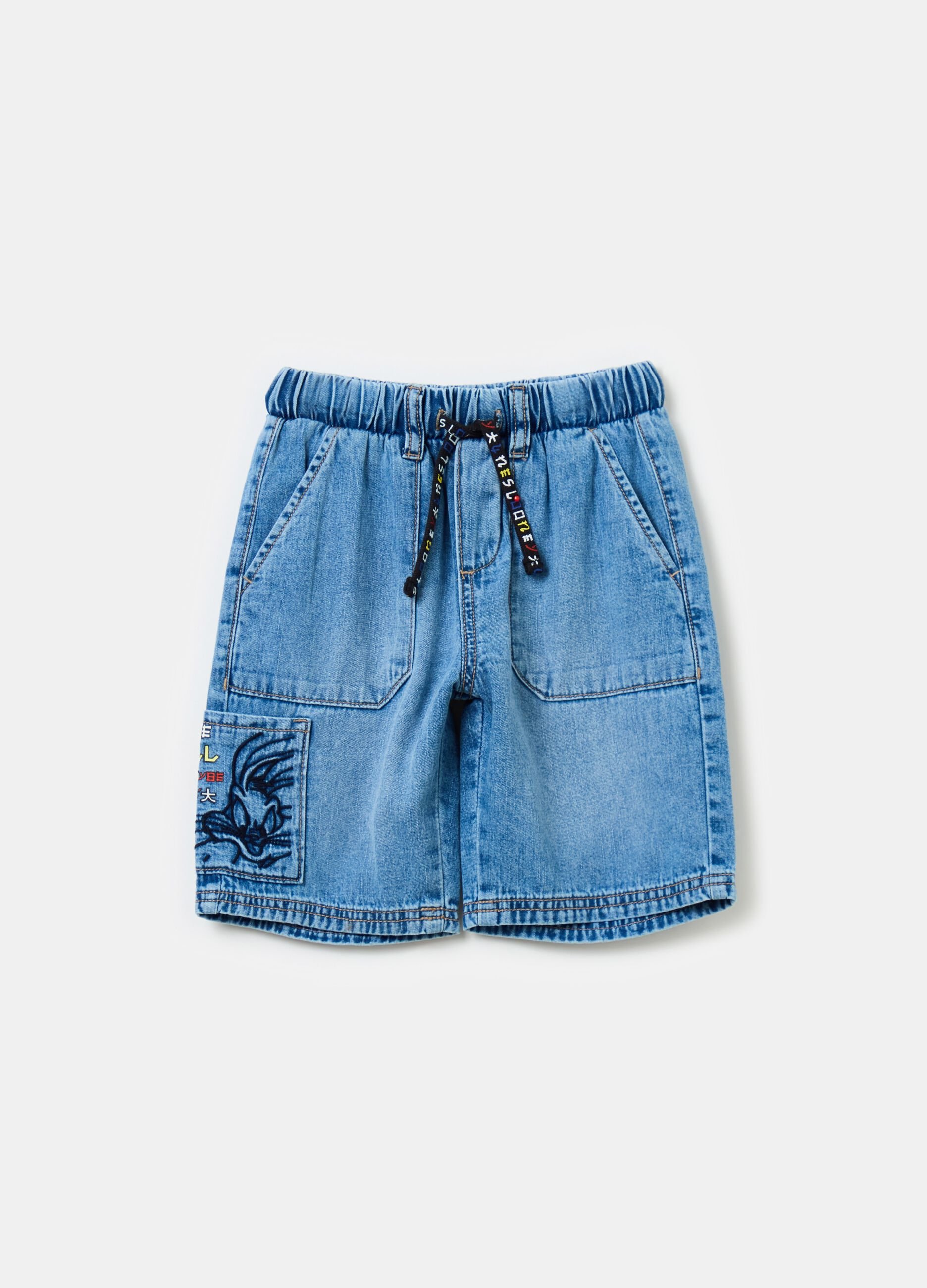 Denim Bermuda shorts with Bugs Bunny embroidery