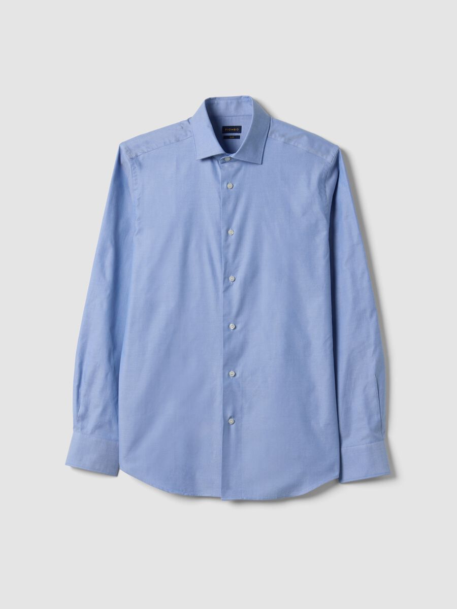 Camicia oxford azzurra in puro cotone doppio ritorto slim fit_0