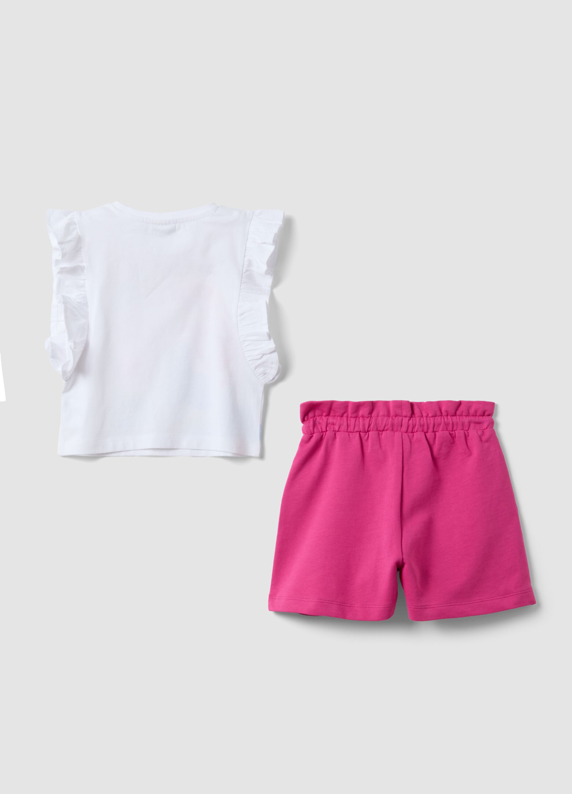 White and pink stretch cotton T-shirt and shorts set for girls, regular fit