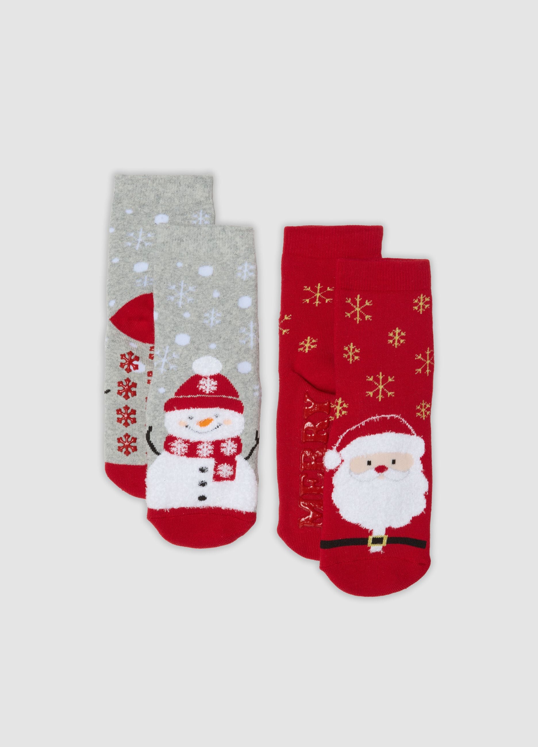 2-pack of multicolour Christmas-themed non-slip socks in stretchy organic cotton