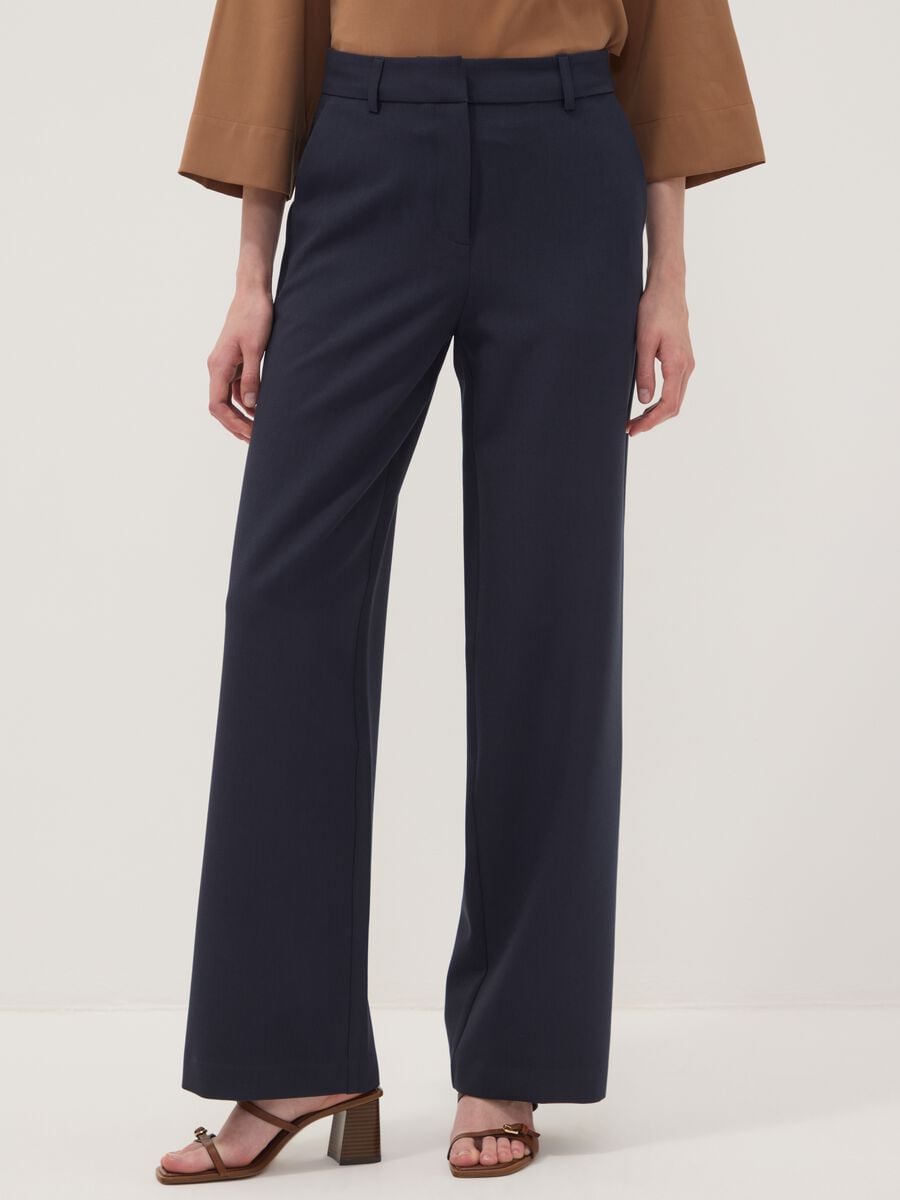 Pantaloni blu dritti in viscosa elasticizzato_1