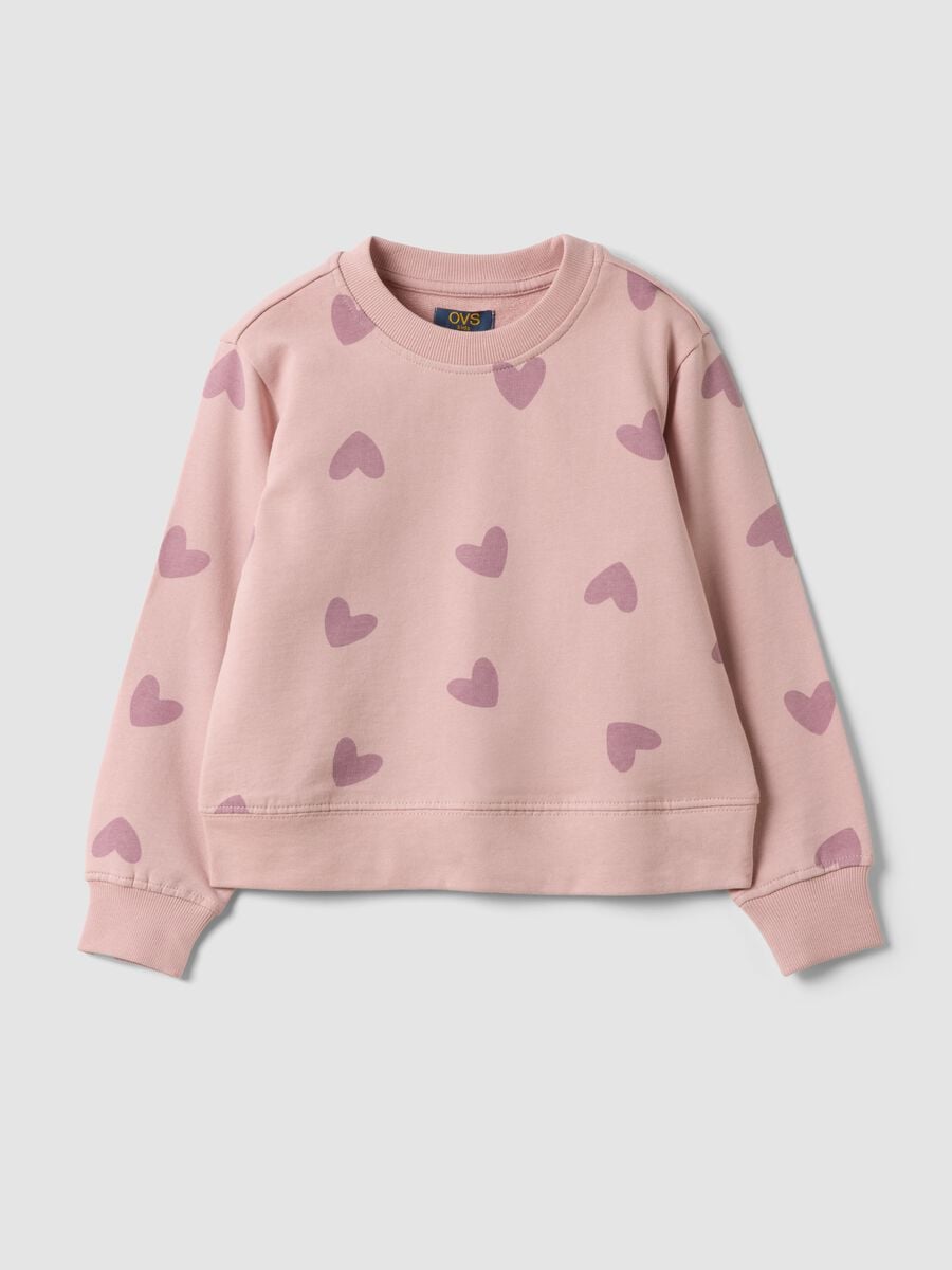 Felpa rosa in puro cotone con stampa cuori e girocollo per bambina_0