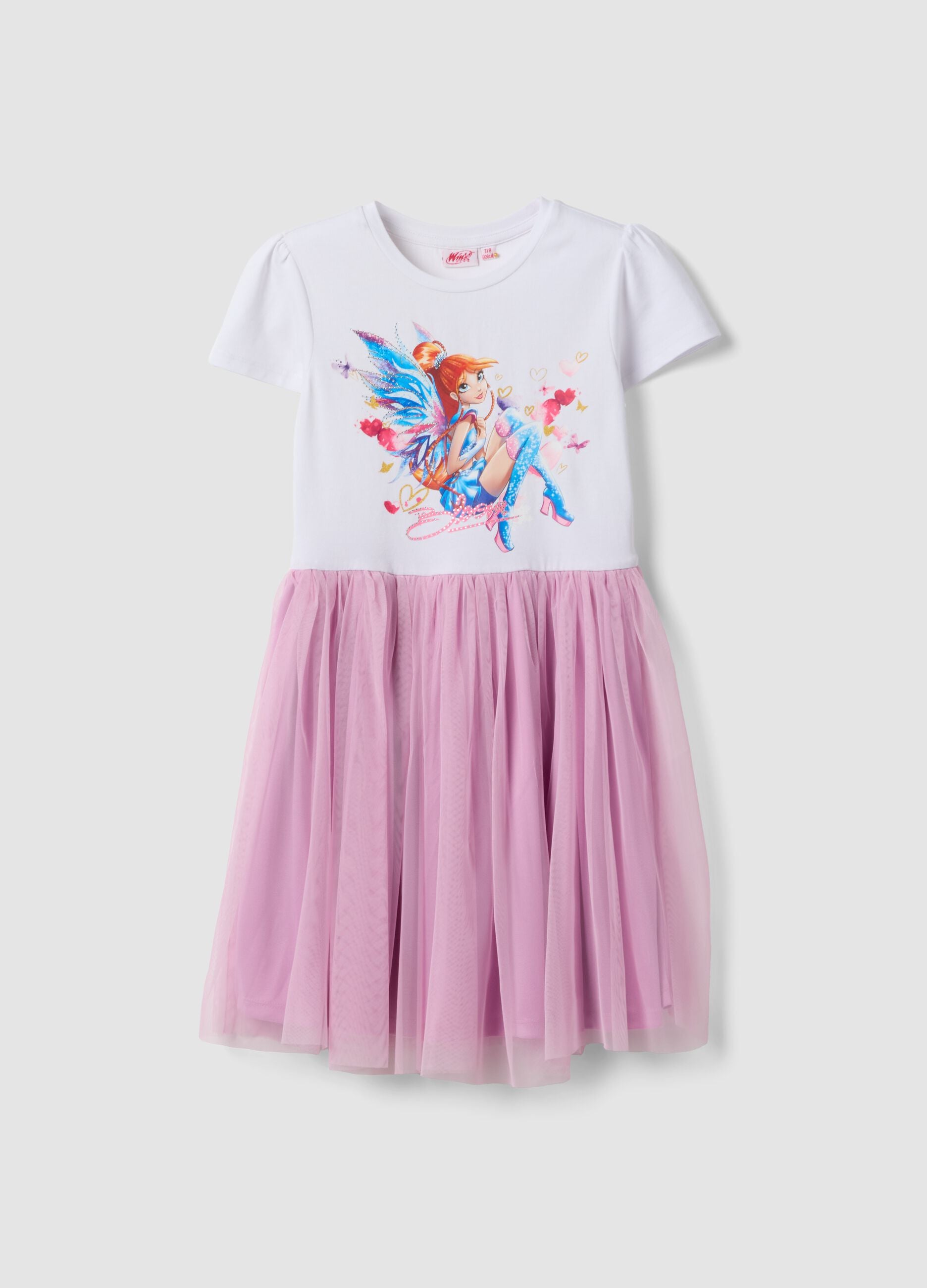 Abito mini rosa e bianco in cotone elasticizzato con tulle per bambina regular fit