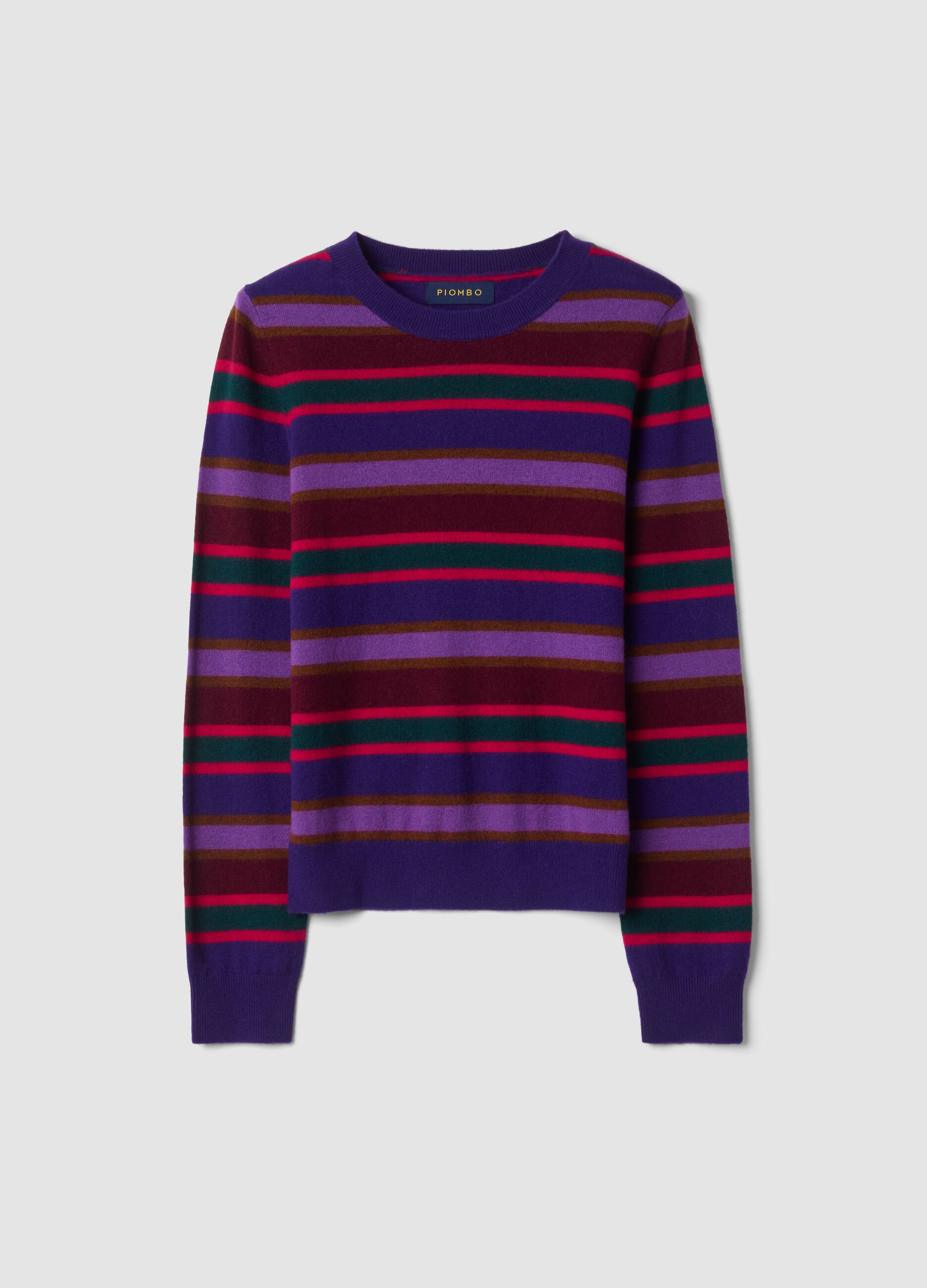 Maglia girocollo in pura lana viola scuro a righe colorate regular fit