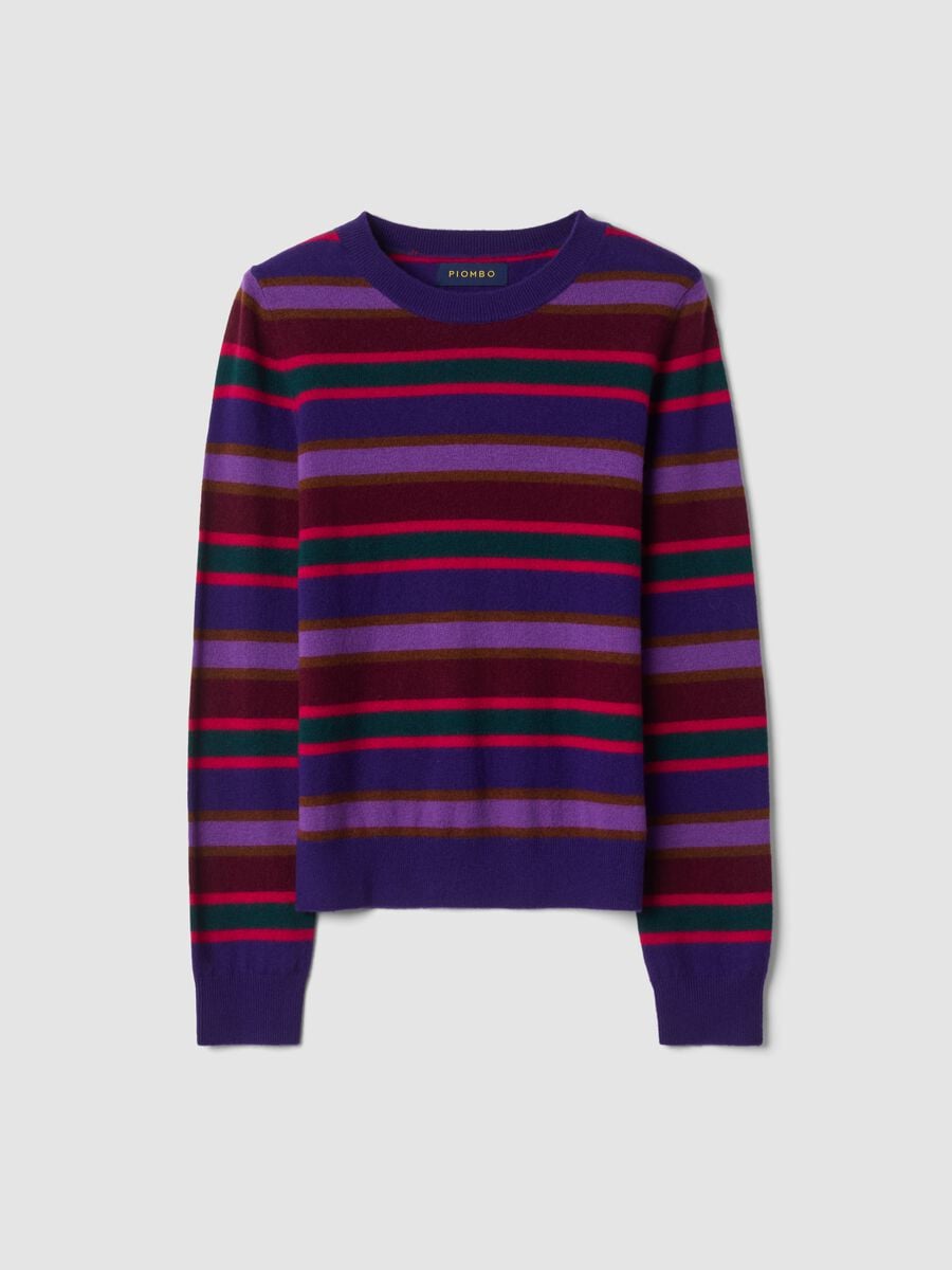 Dark purple pure wool crew-neck jumper with multicolour stripes, regular fit_0