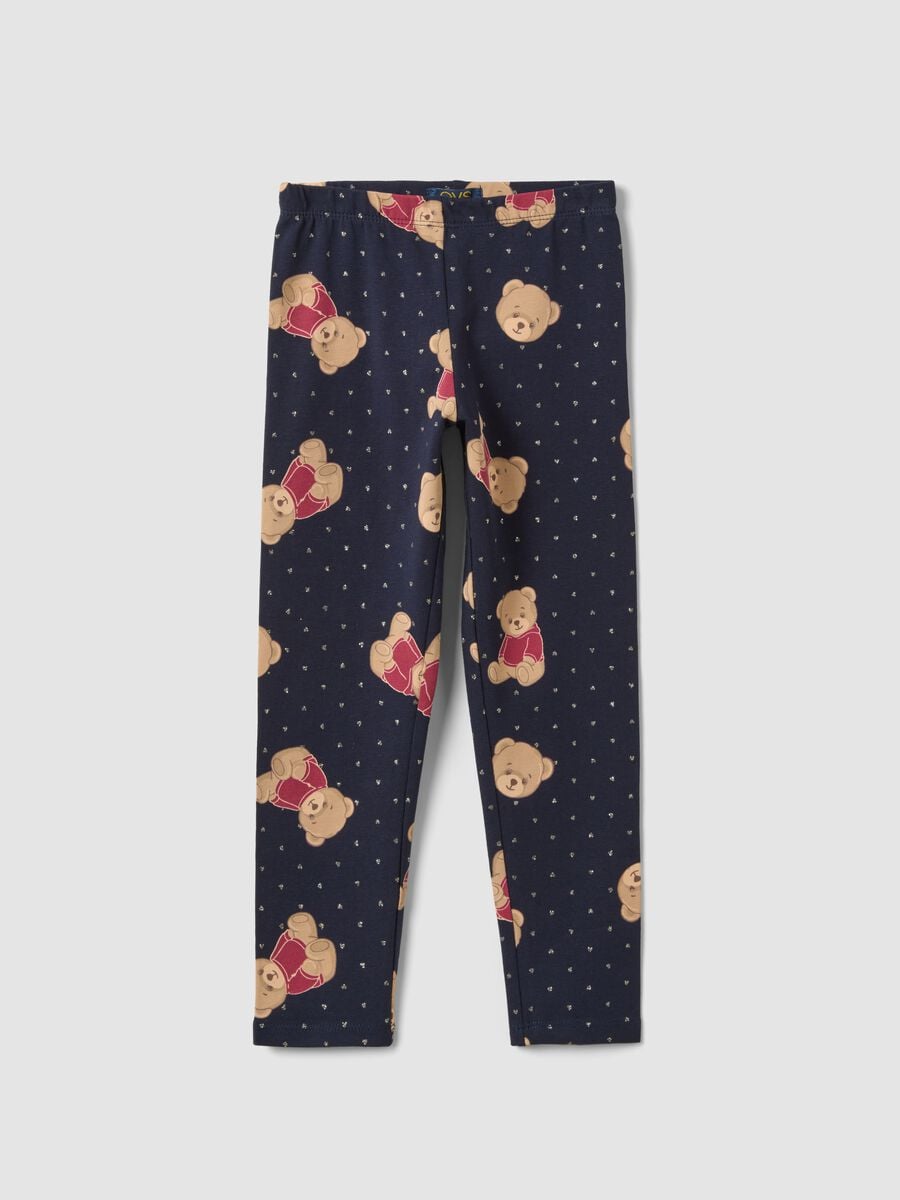 Leggings blu in cotone organico elasticizzato con stampa orsetti per bambina_0