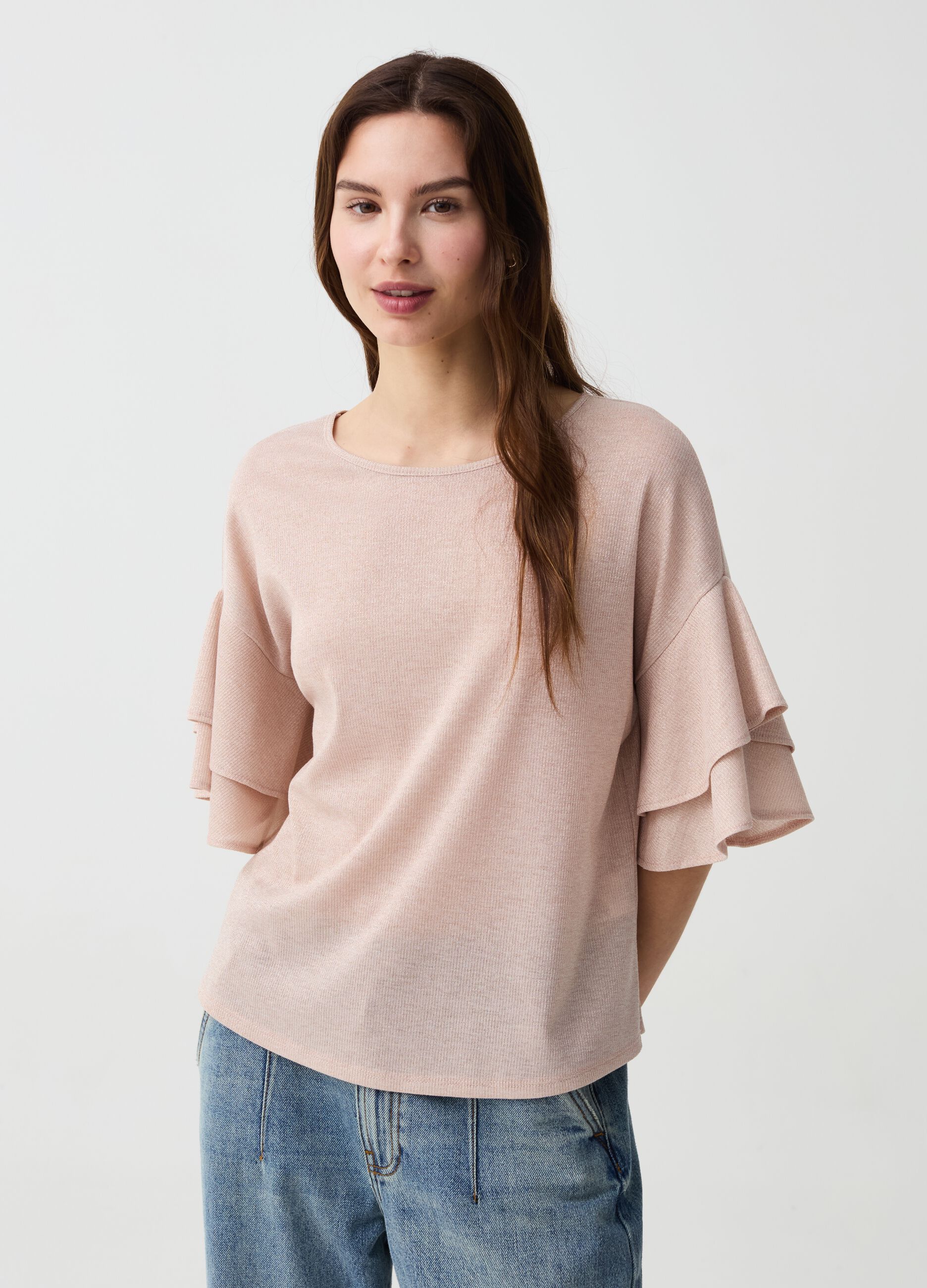 Lurex T-shirt with sleeves with flounces