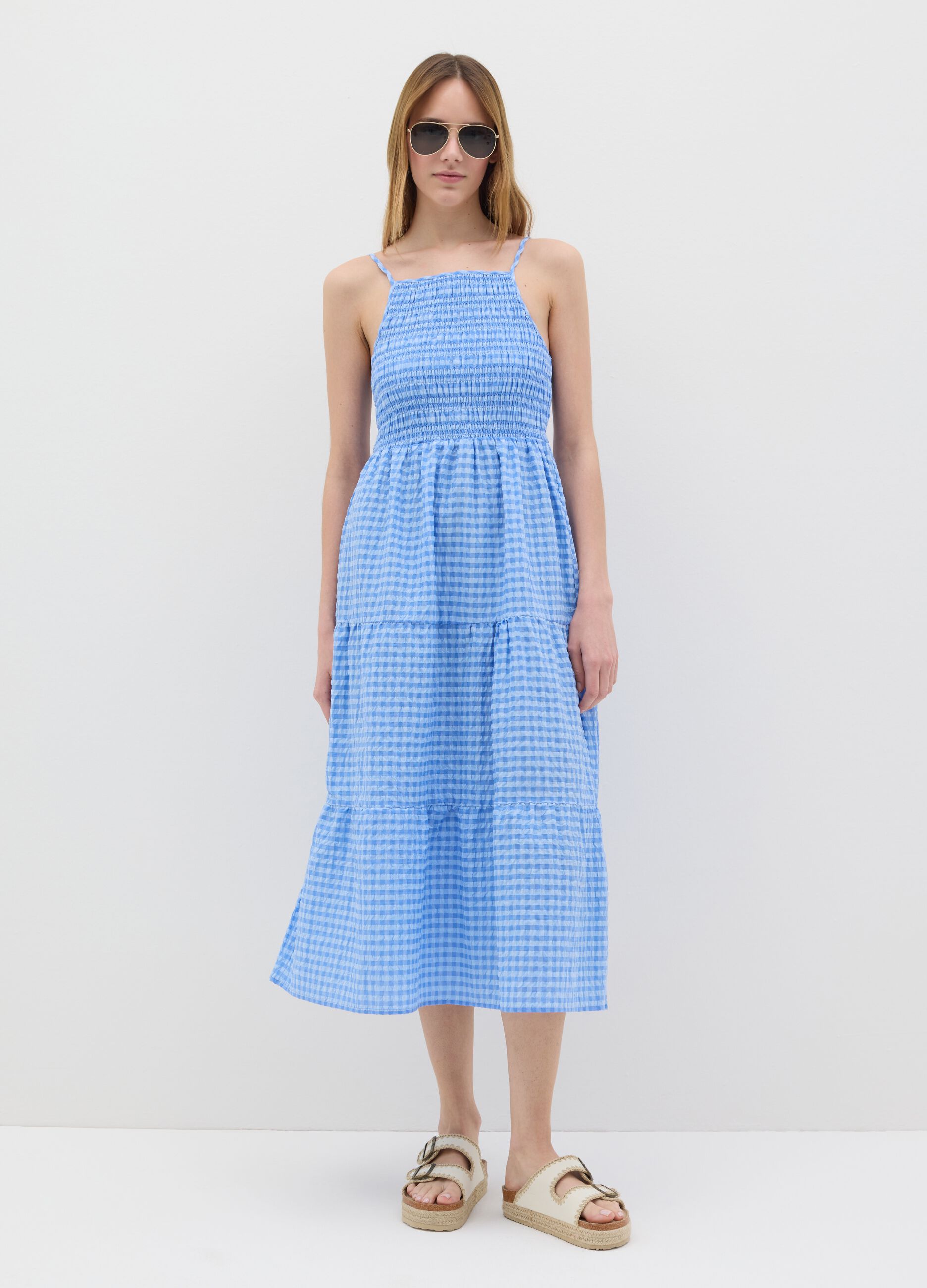 Abito lungo da donna in misto cotone azzurro a quadri wide fit