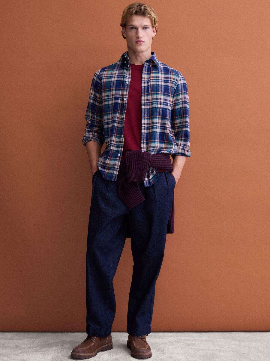 Camicia flanella blu e verde a quadri in puro cotone regular fit_1