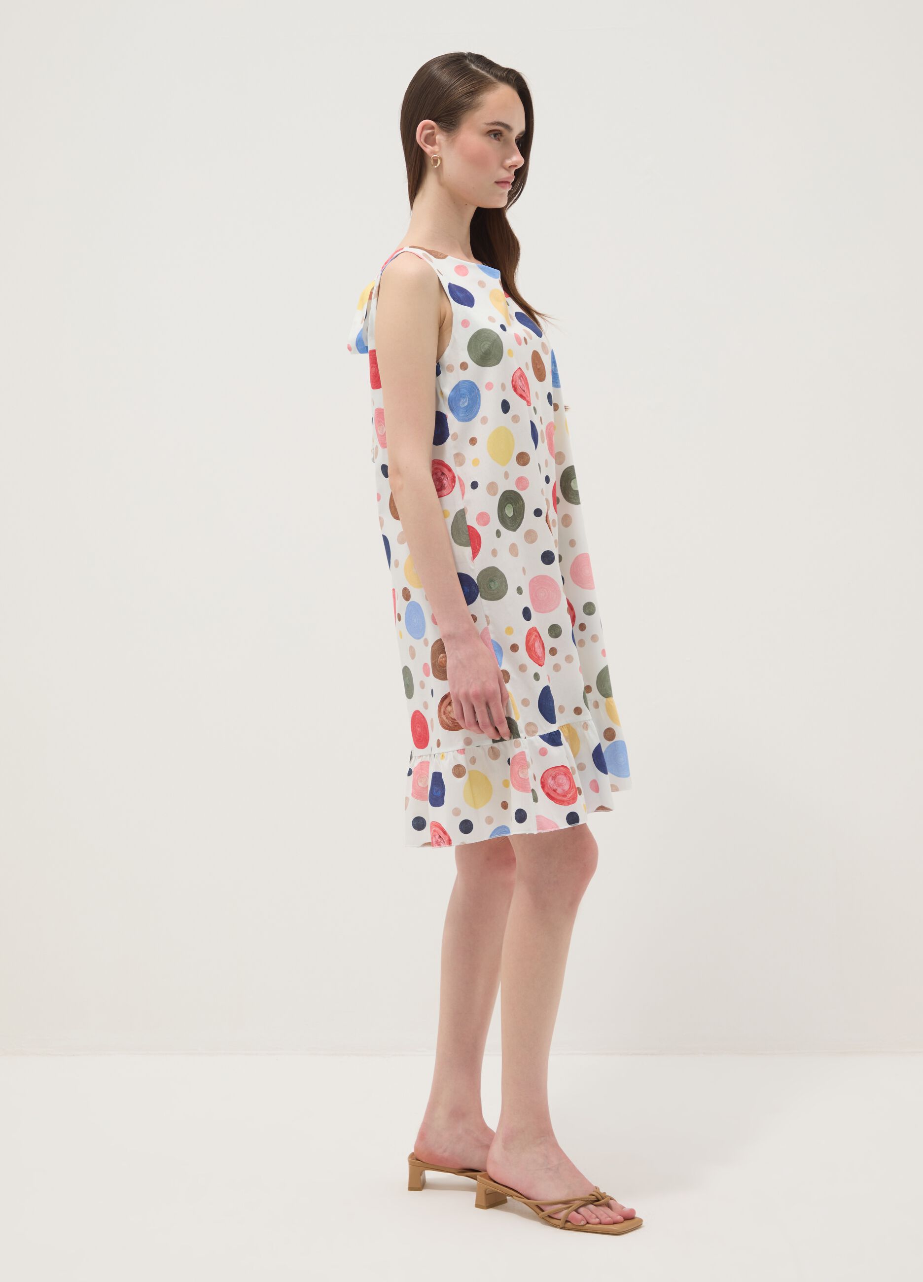 Sleeveless multicolour stretch-cotton dress with ruffle hem