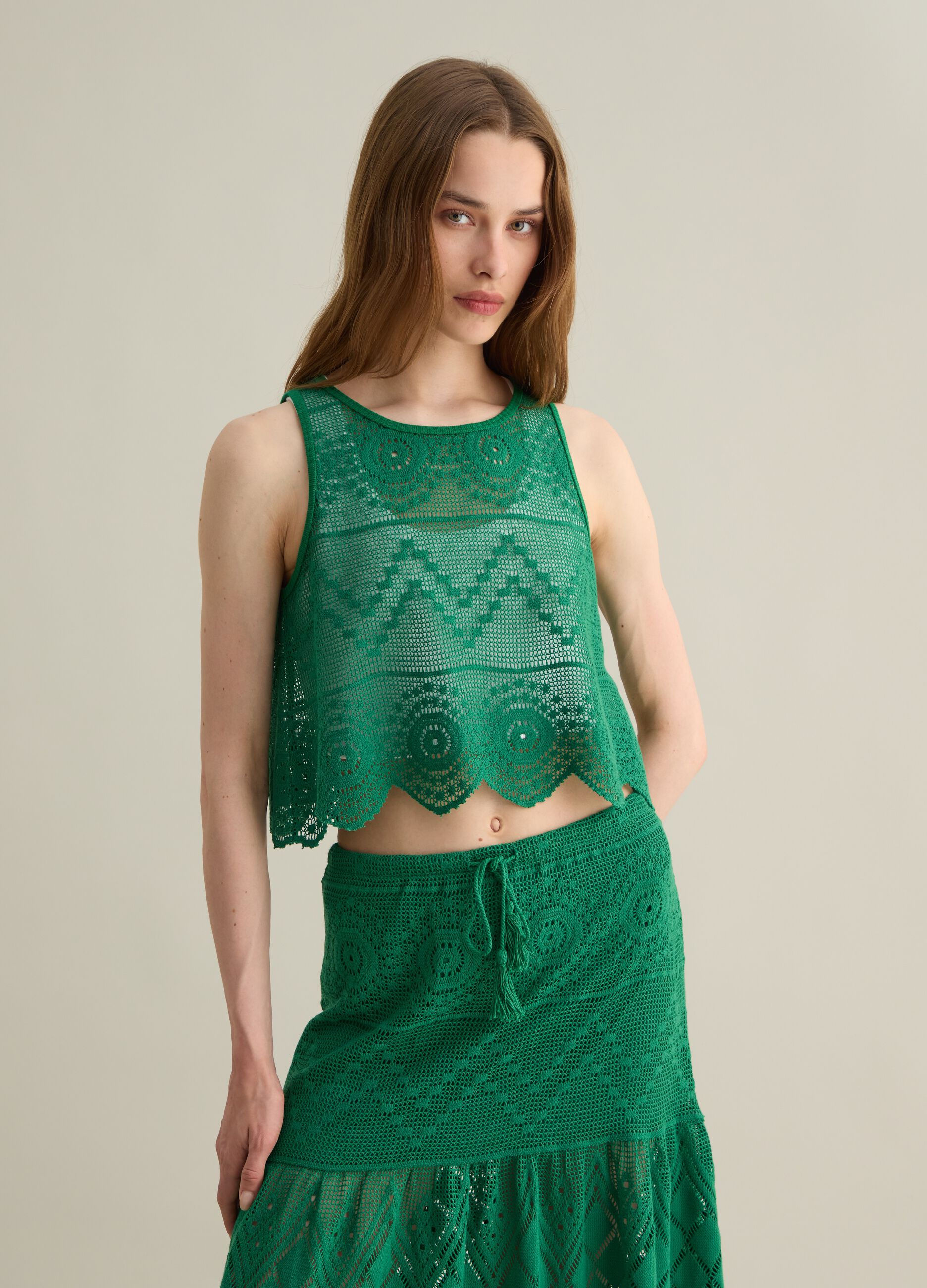 Canotta da donna in misto cotone verde regular fit con motivo crochet
