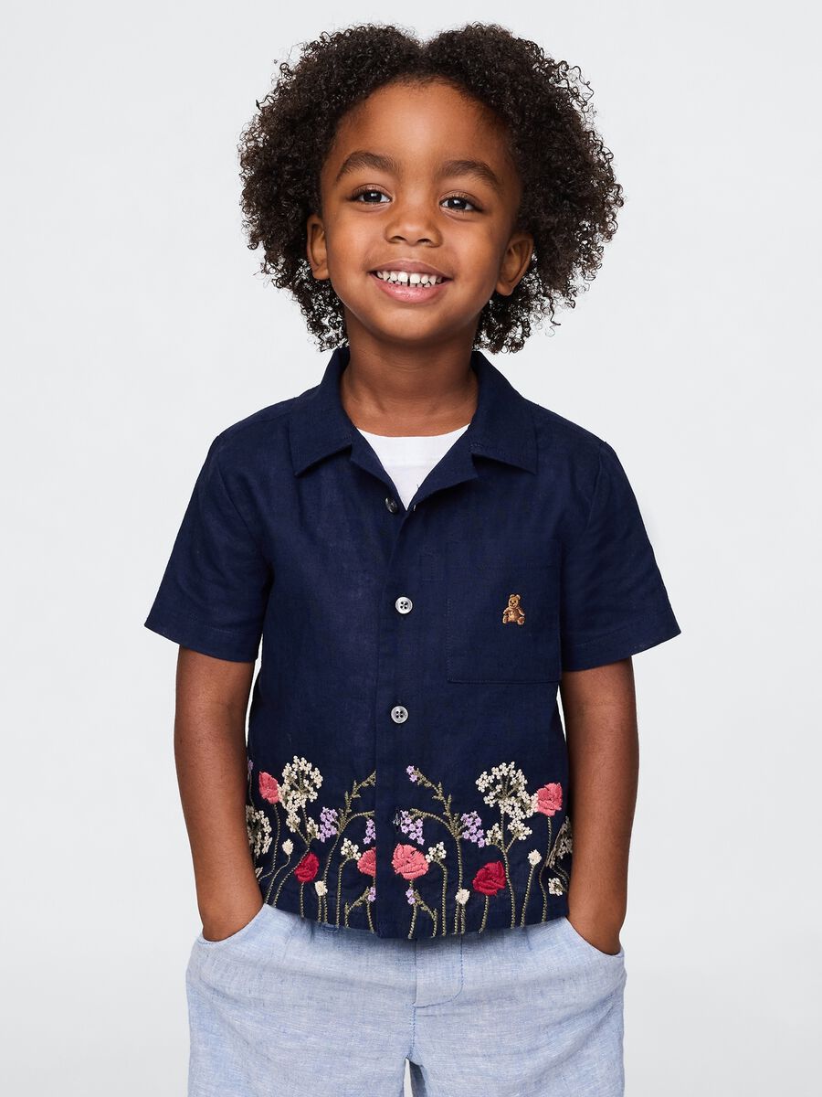 Navy blue short sleeve shirt with floral embroidery_0