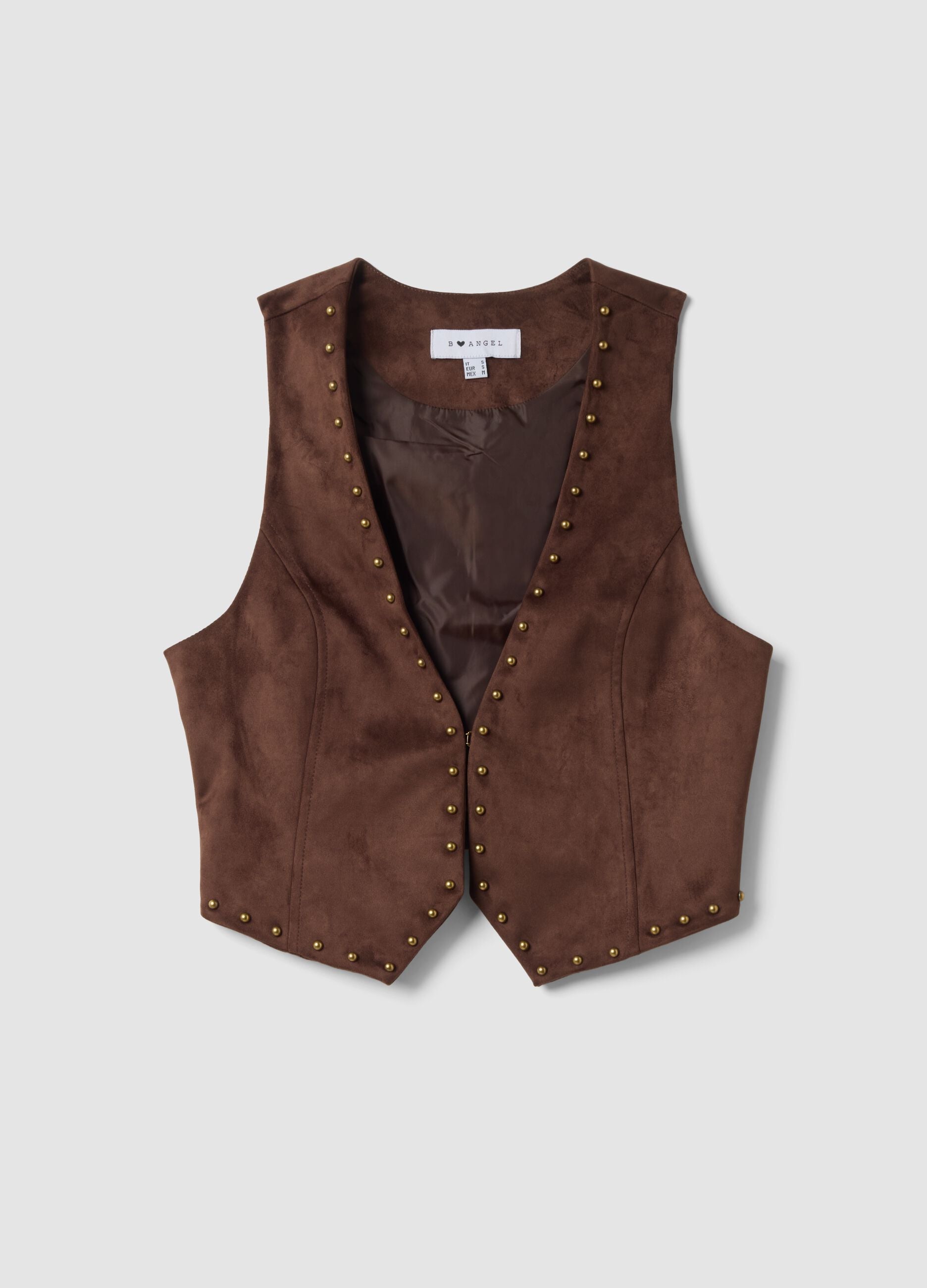 Gilet marrone in tessuto elasticizzato con borchie regular fit