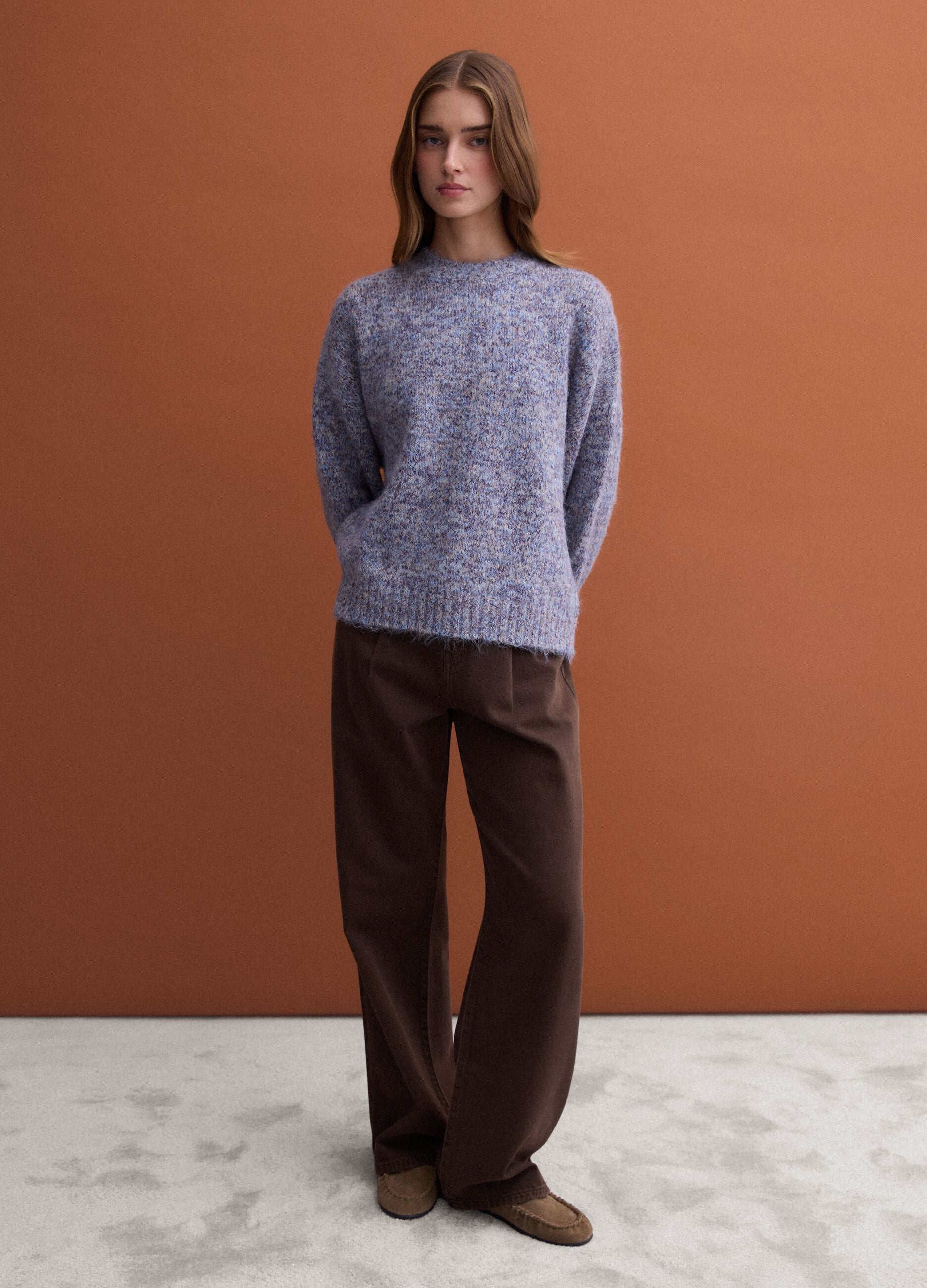 Blue m&eacute;lange crew-neck jumper in stretch wool