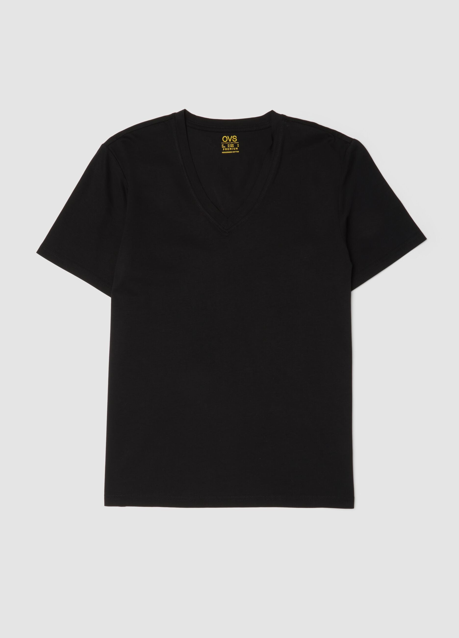 Black mercerised pure cotton T-shirt with deep V-neck