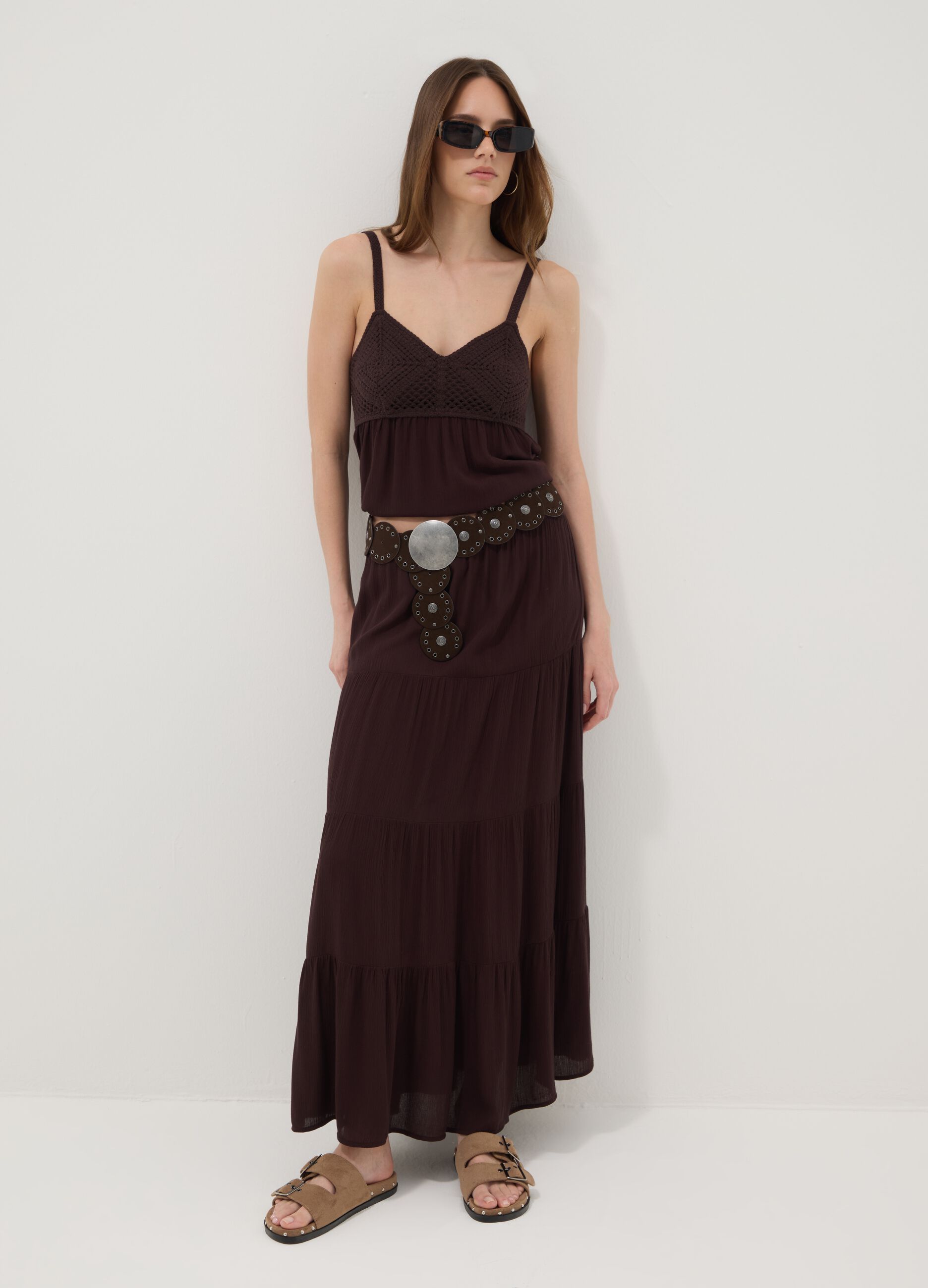 Brown pure viscose crochet tank top, regular fit