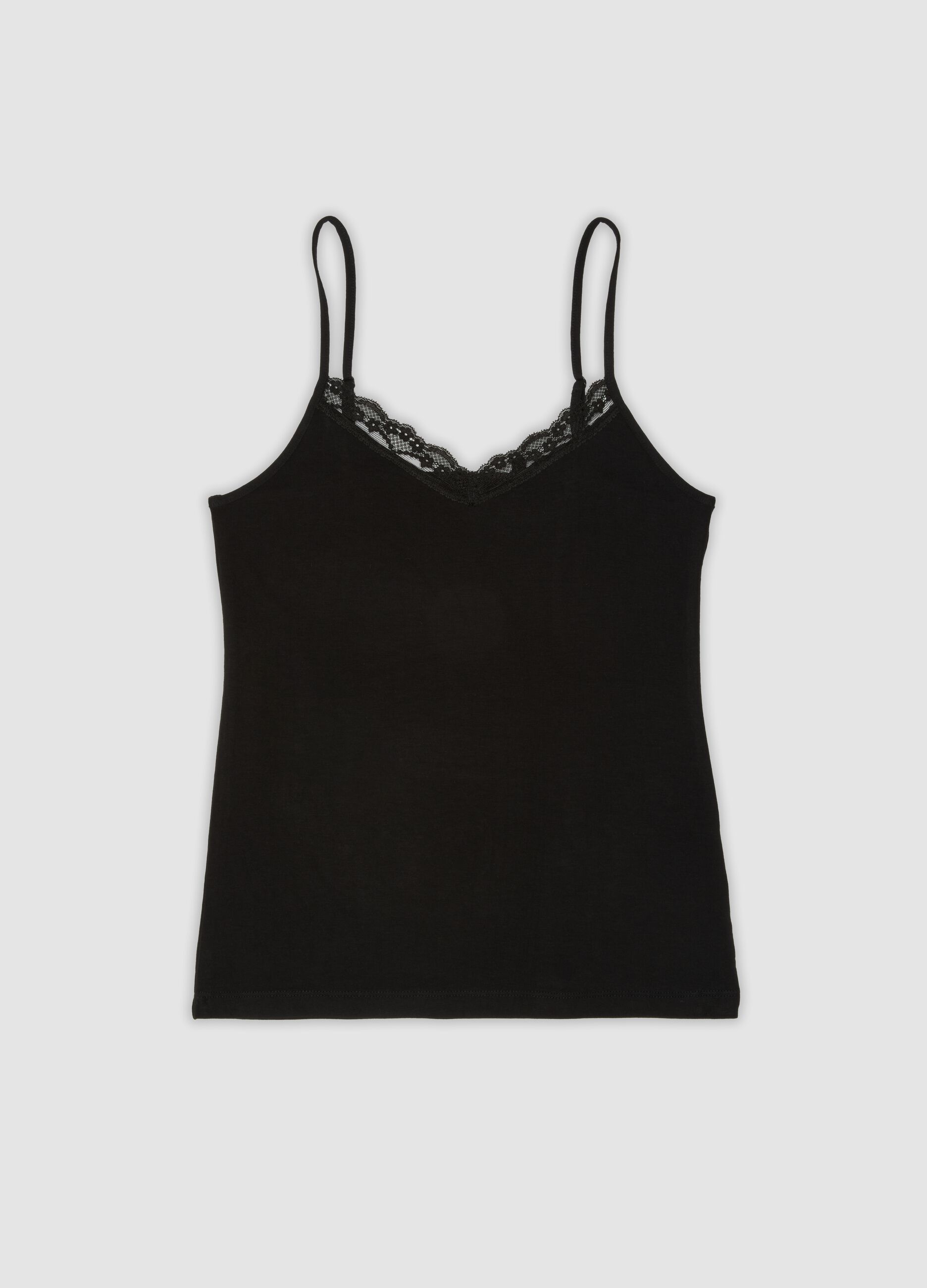Black stretch viscose vest top with deep V-neck lace trim