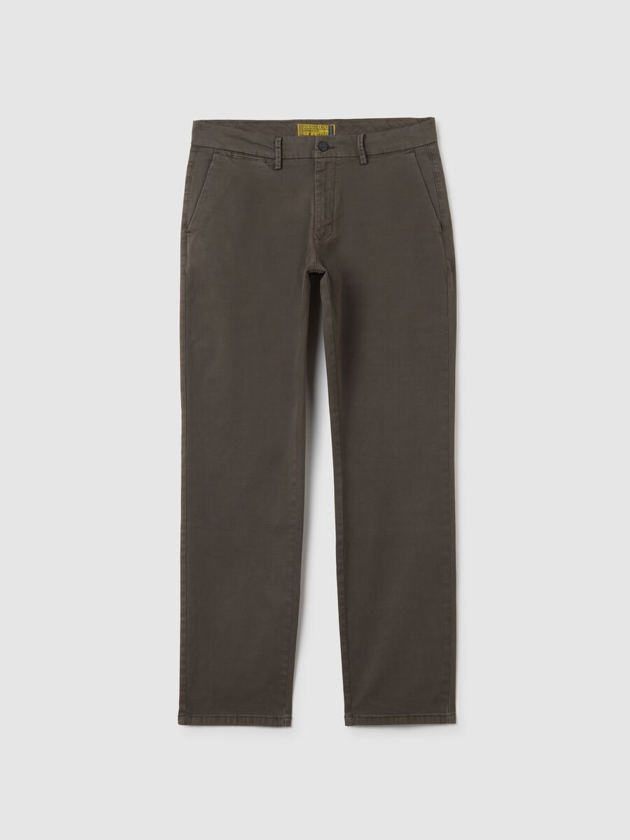 Brown stretch cotton regular fit trousers_0
