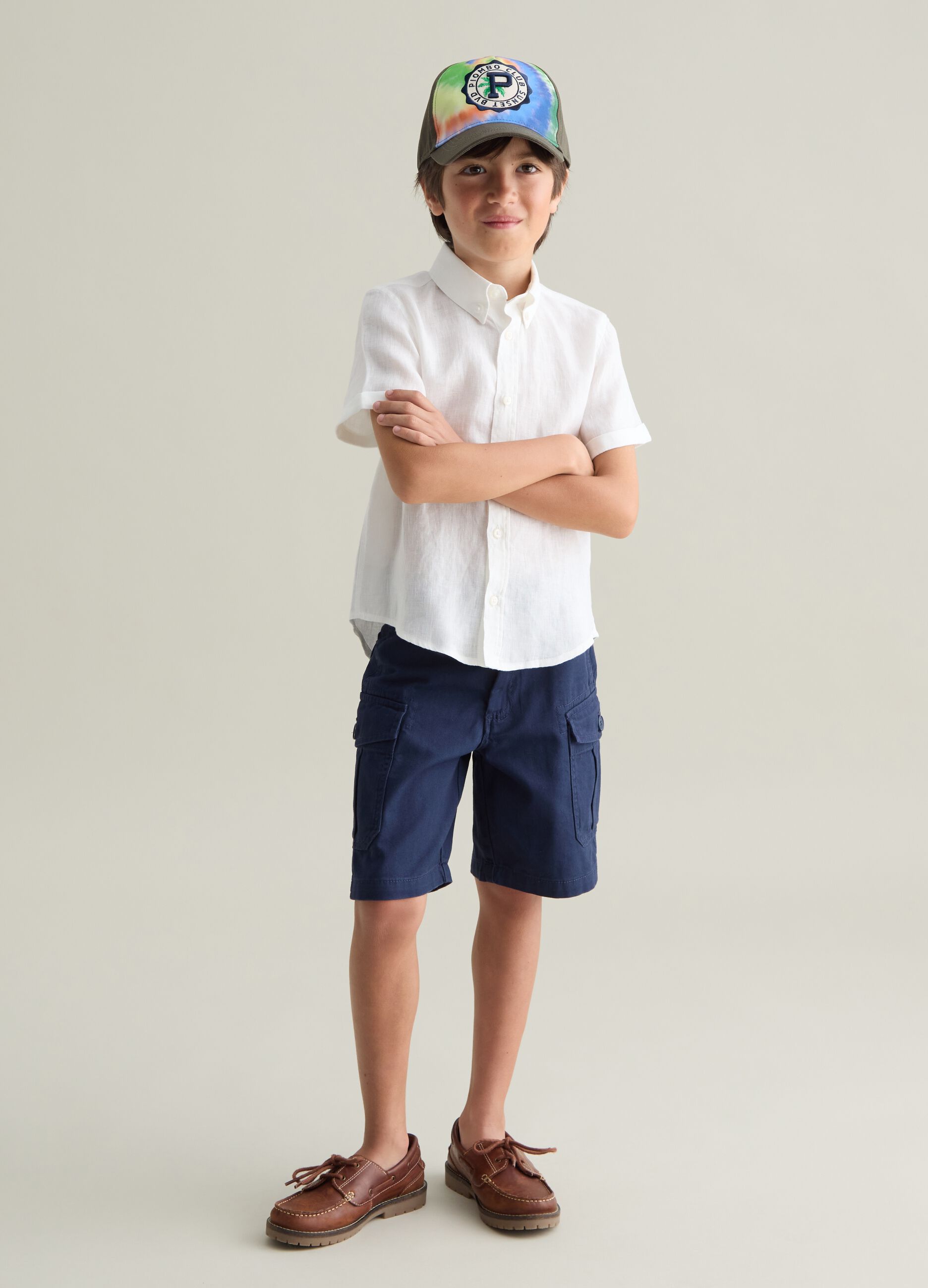 Children's blue regular fit cargo bermuda shorts made of pure cotton with side pockets