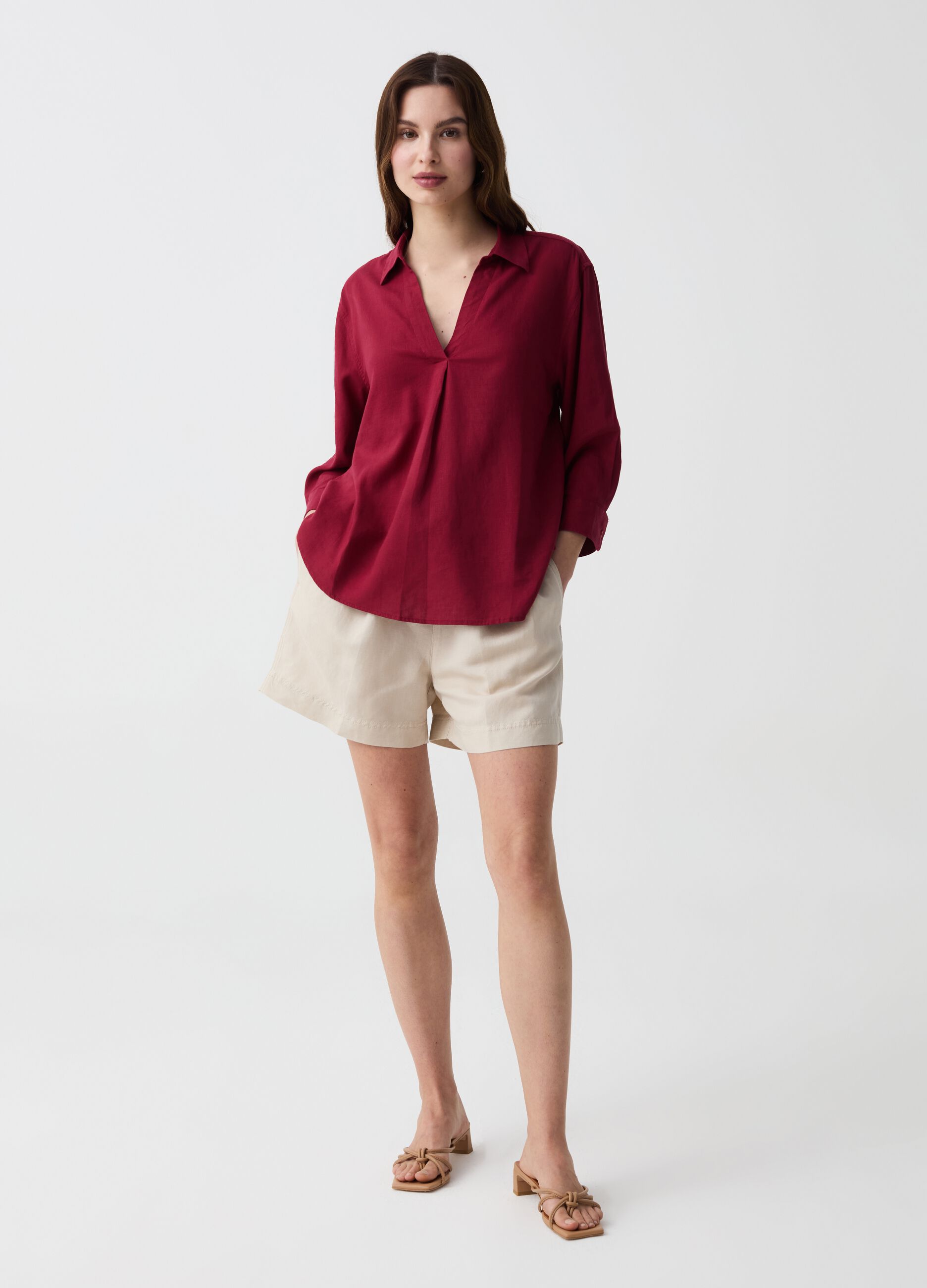 Viscose and linen blouse with polo neck