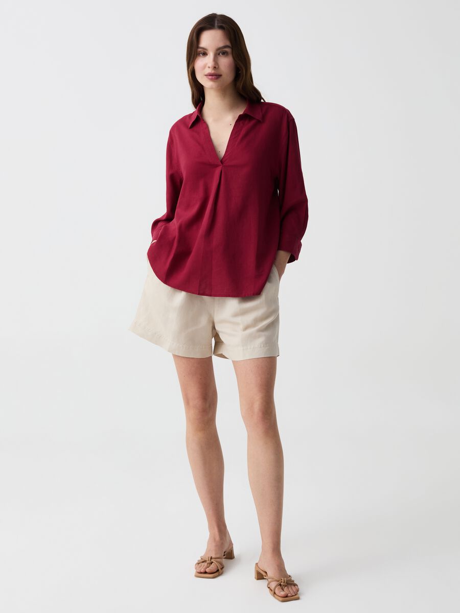 Viscose and linen blouse with polo neck_0