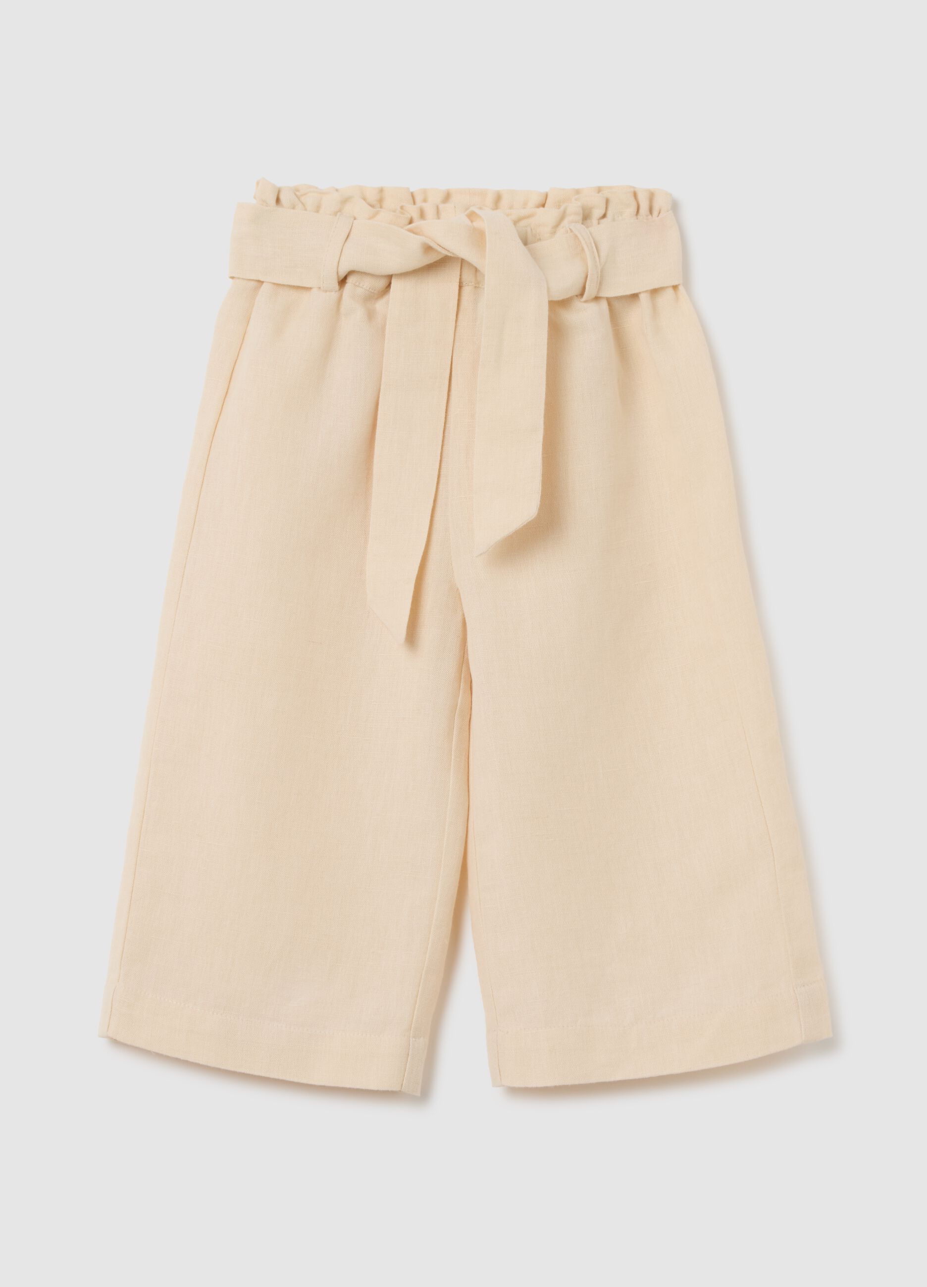 Girls' beige wide-leg culotte trousers in linen blend