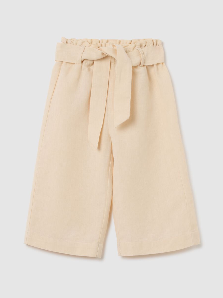 Girls' beige wide-leg culotte trousers in linen blend_0