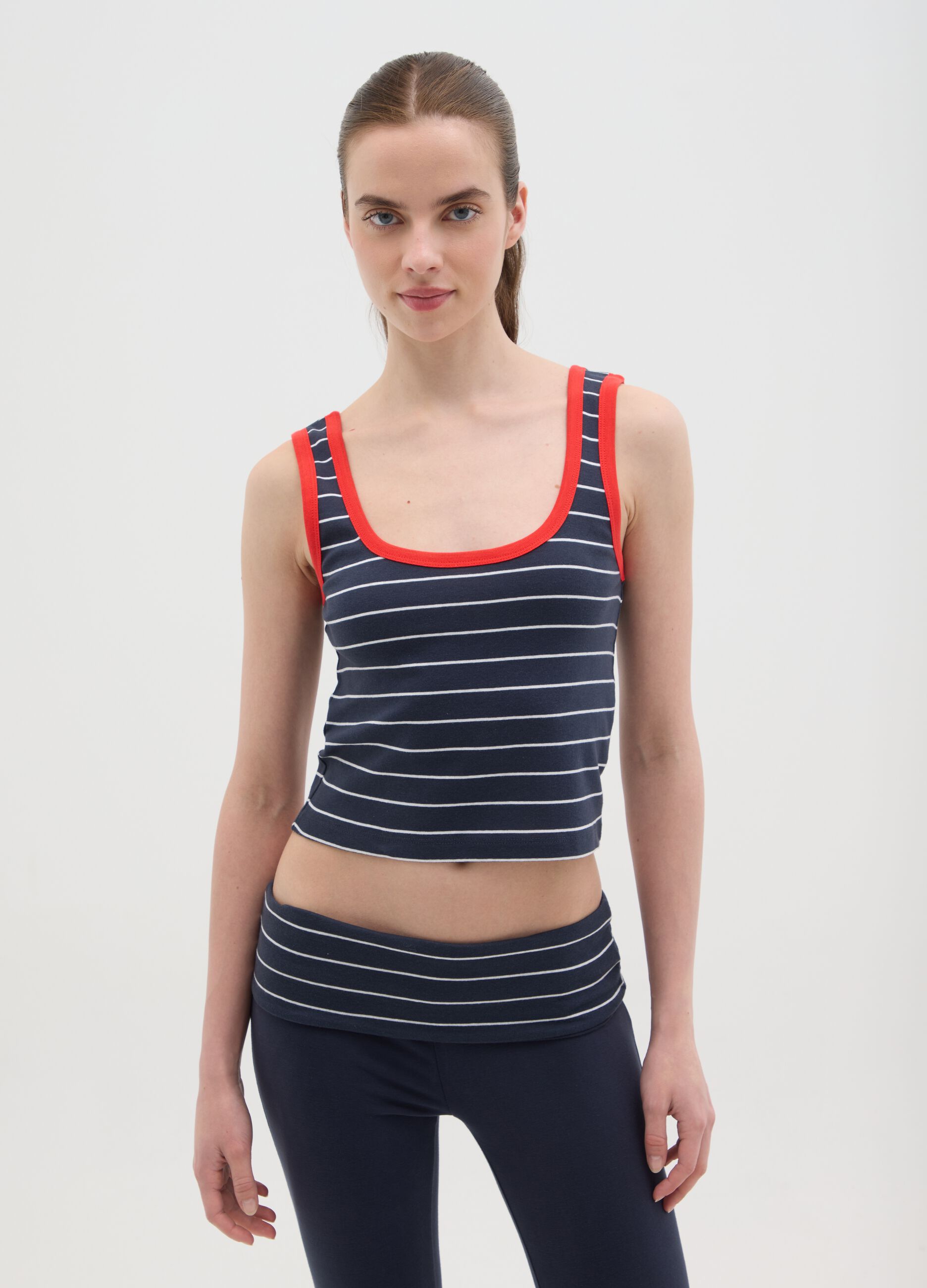 Women's pure cotton multicolor tank top regular fit with blue and white stripes