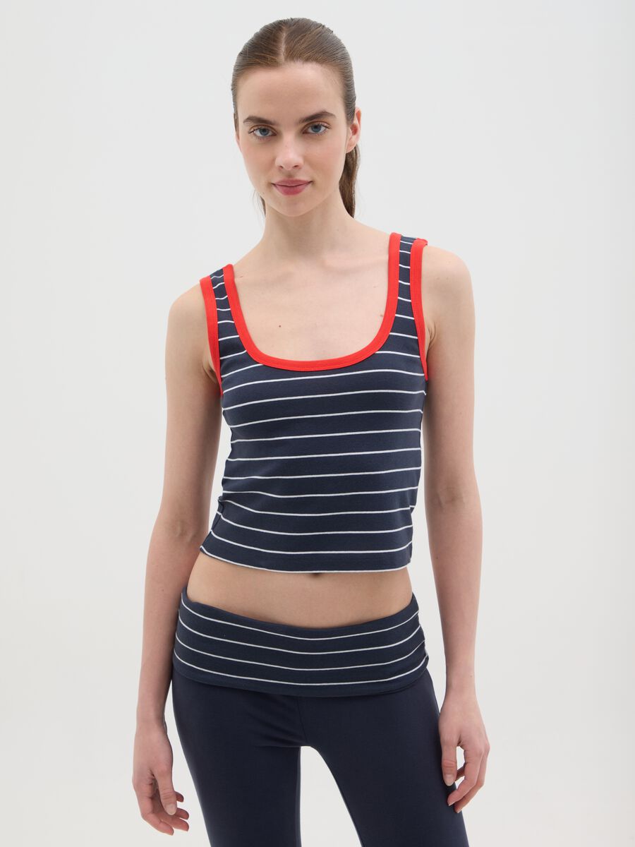 Women's pure cotton multicolor tank top regular fit with blue and white stripes_0