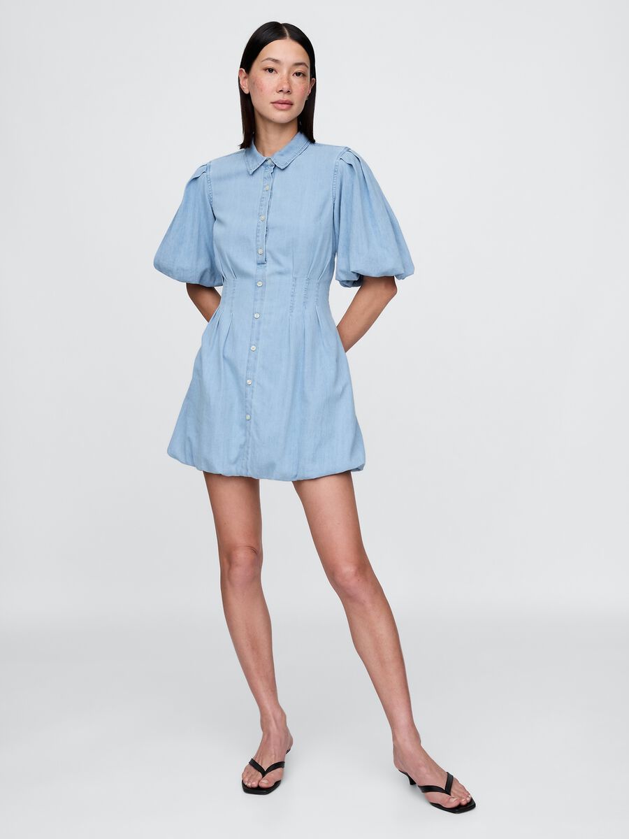 Blue cotton dress with puff sleeves_0