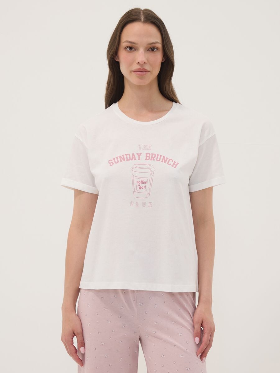 T-shirt pigiama bianco in cotone organico con scritte frontali_1