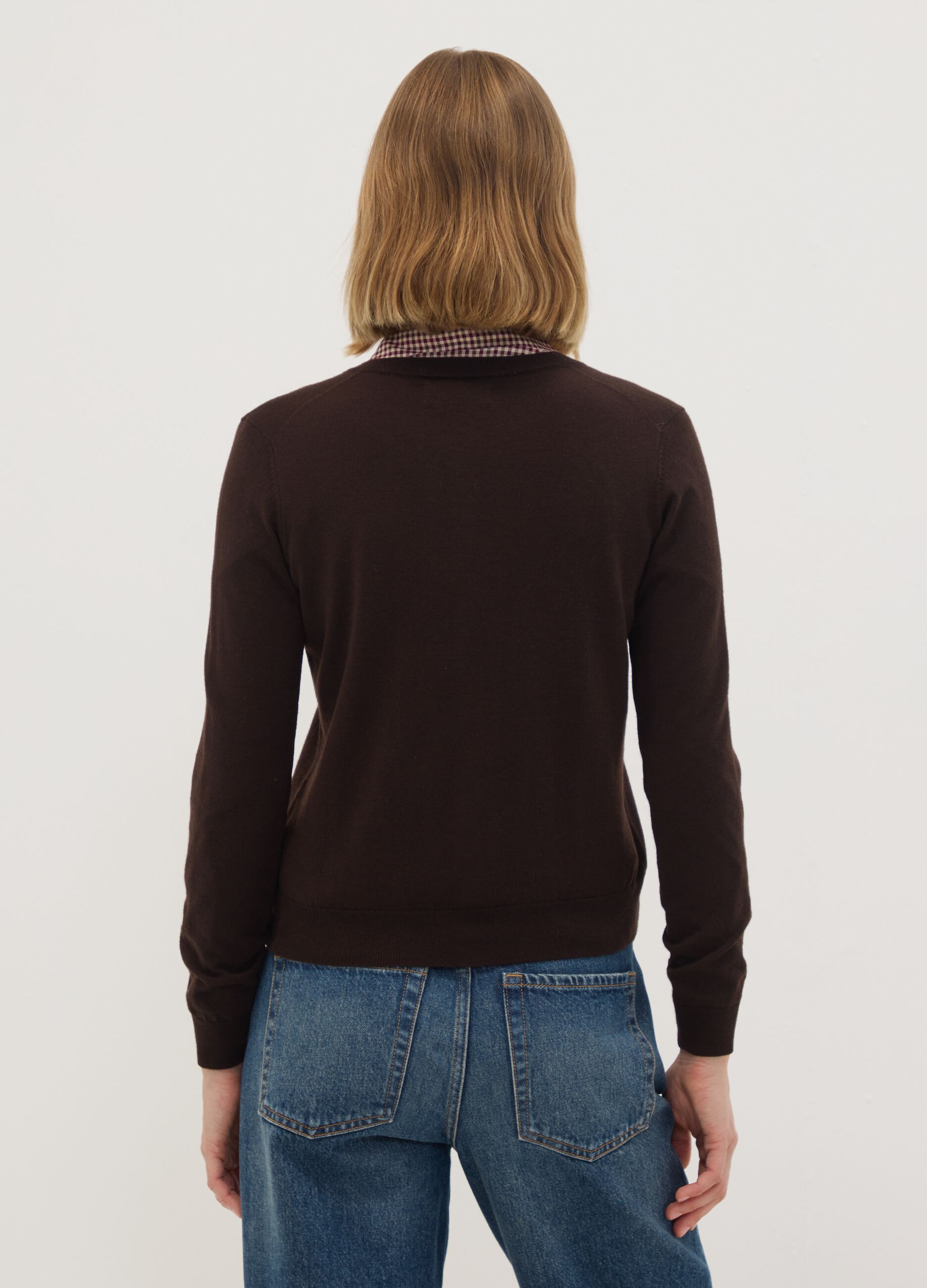 Brown wool-blend crew-neck cardigan