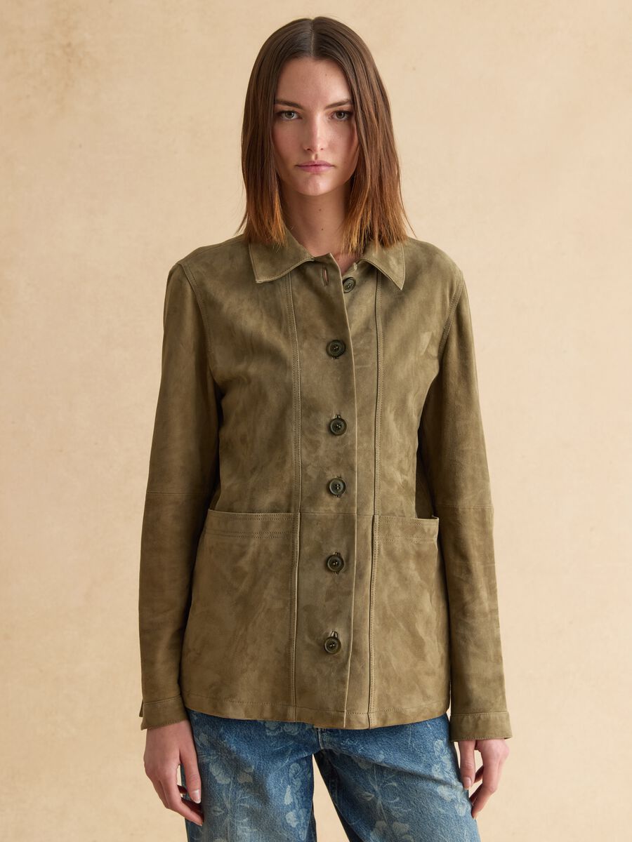 Giacca in vera pelle verde regular fit con bottoni_0