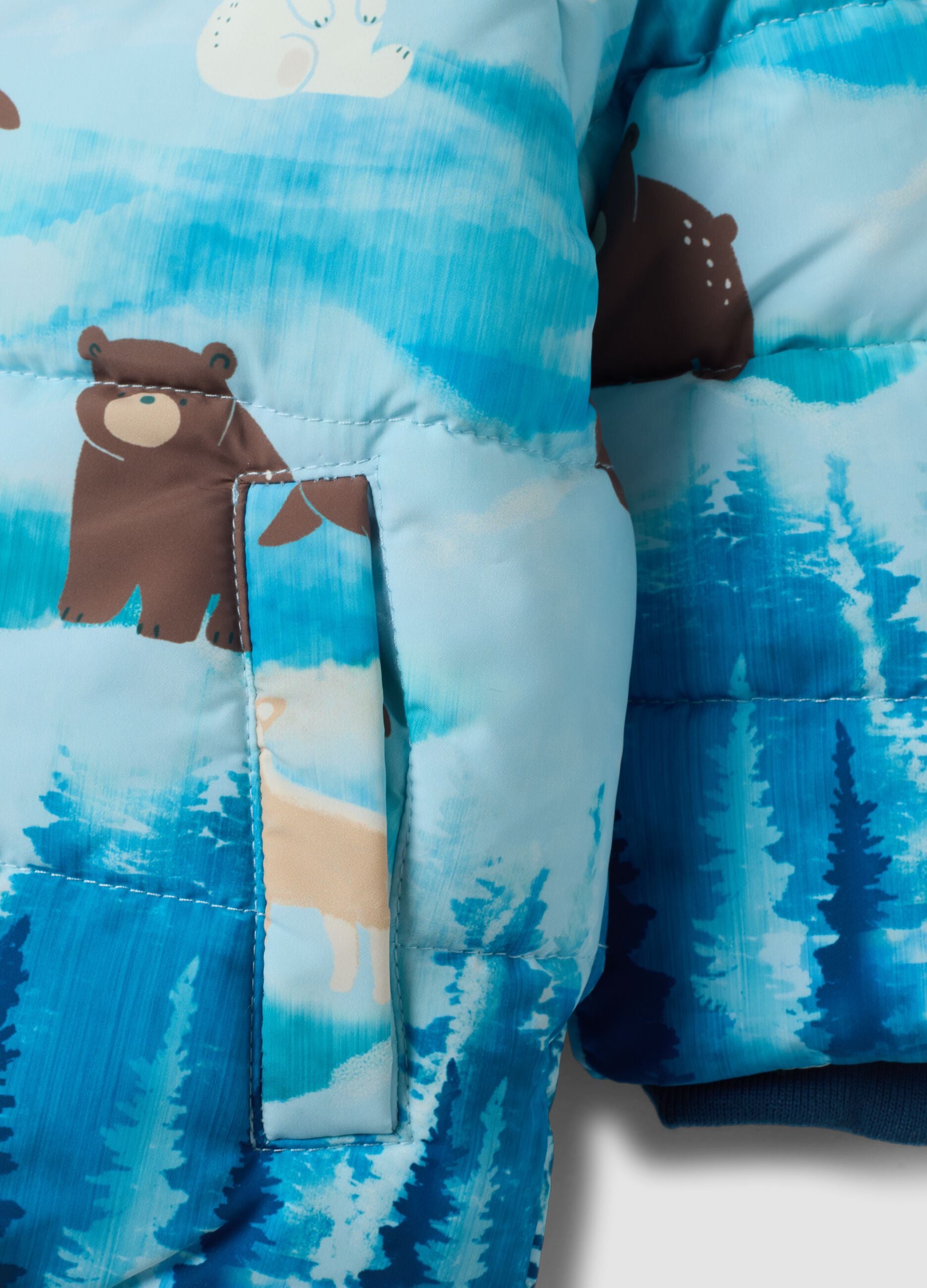 Blue padded hooded jacket with animal print, regular fit