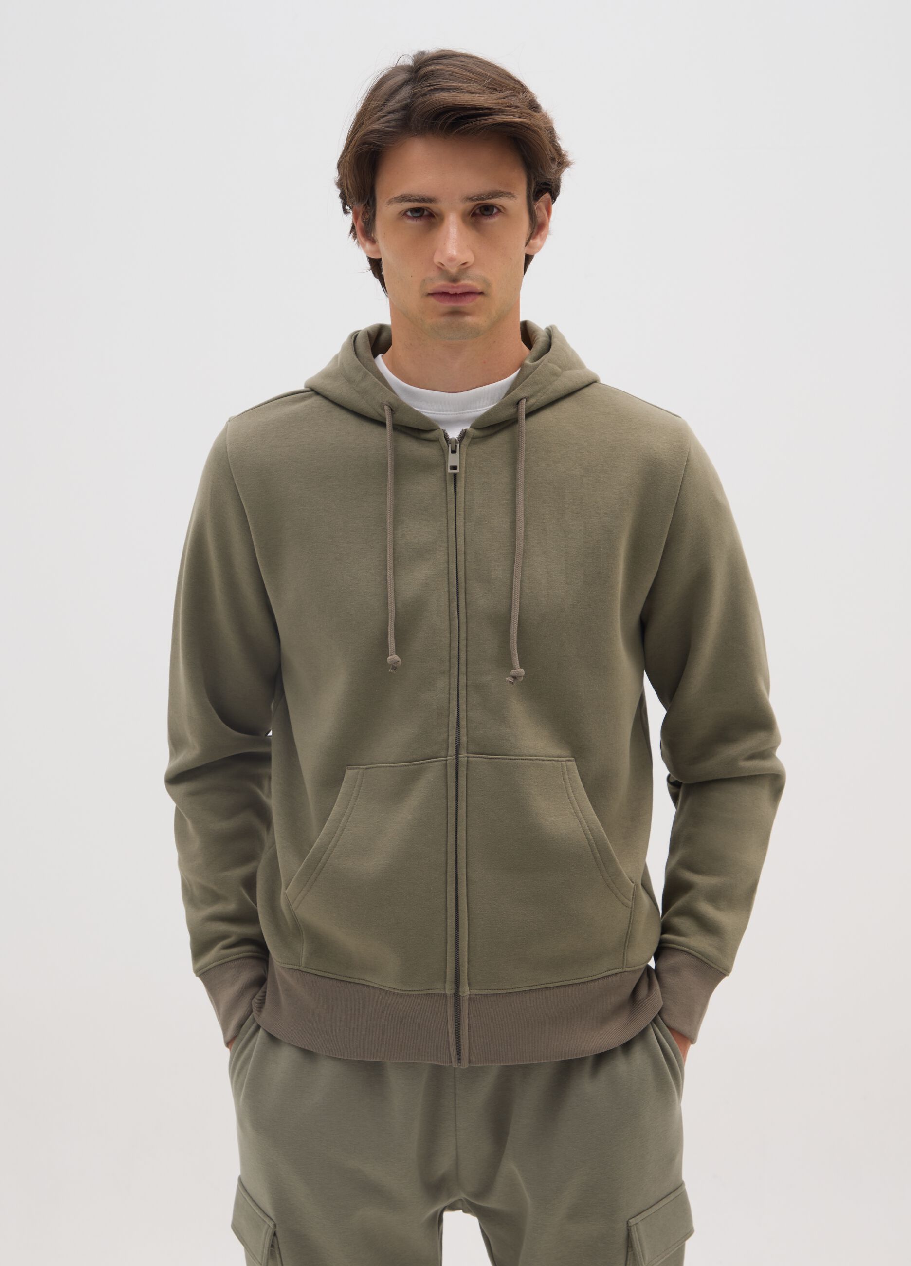 Regular fit green cotton blend zip-up sweatshirt
