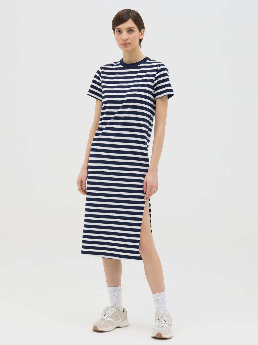 Blue and white striped midi dress in stretch cotton_0
