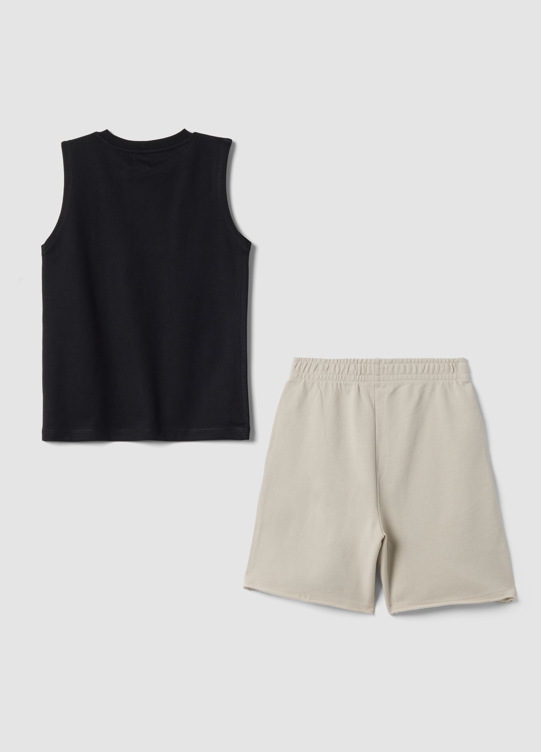 Blue and beige pure cotton set with vest and shorts
