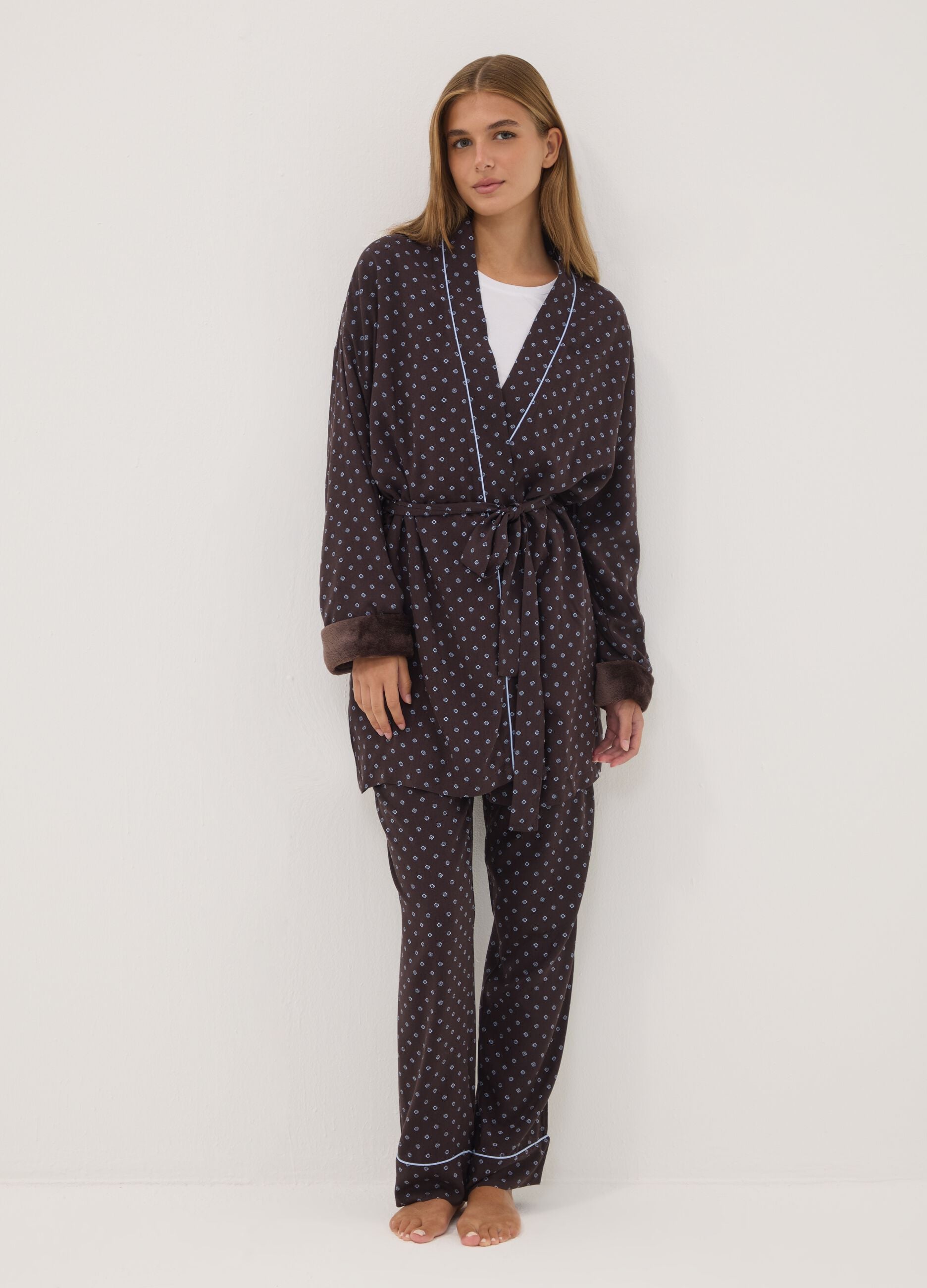 Brown pure viscose dressing gown with micro-floral print