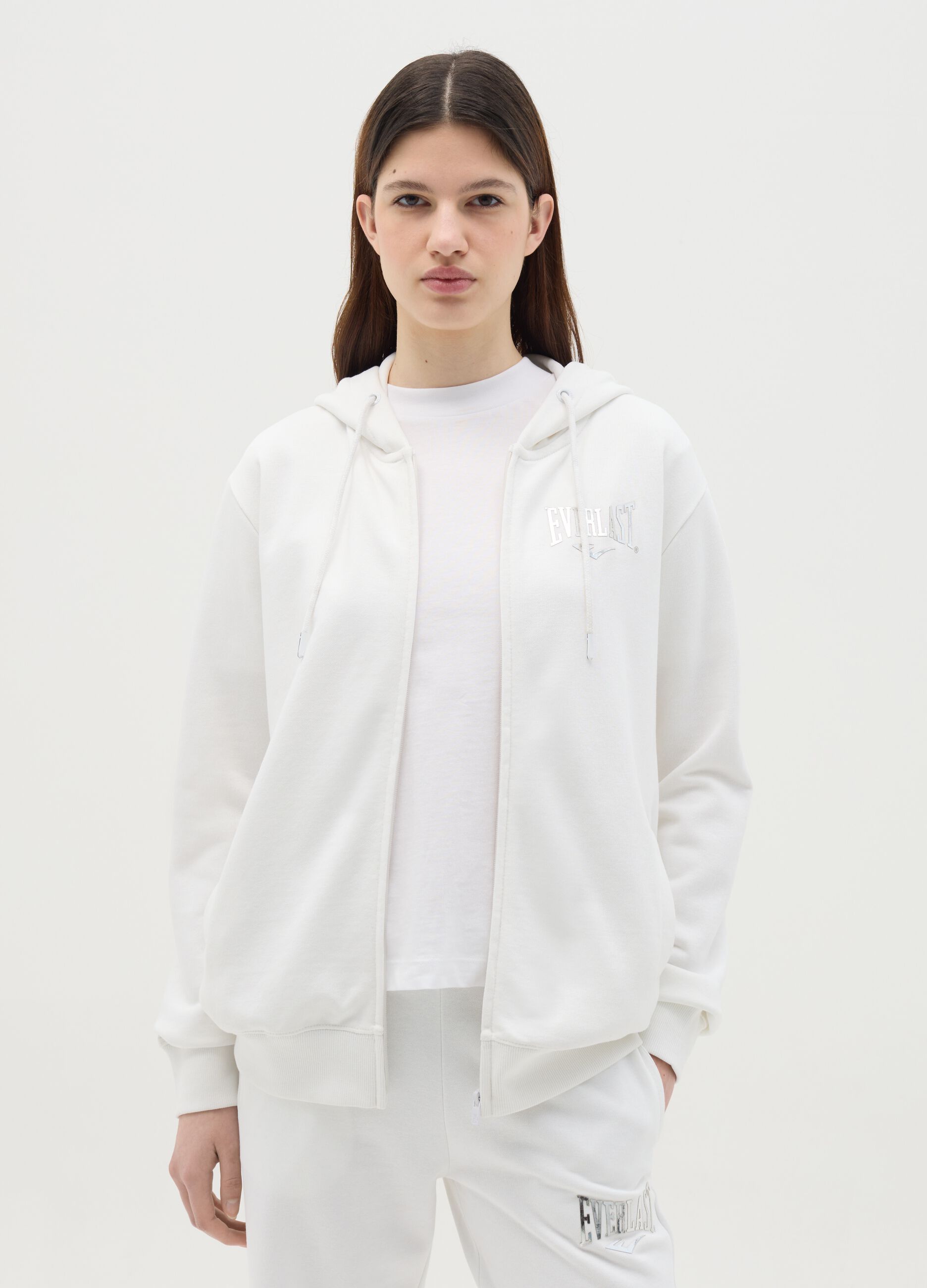 White full-zip sweatshirt with hood and foil print