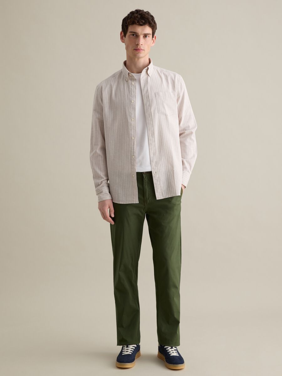Beige striped regular shirt in cotton and linen_1