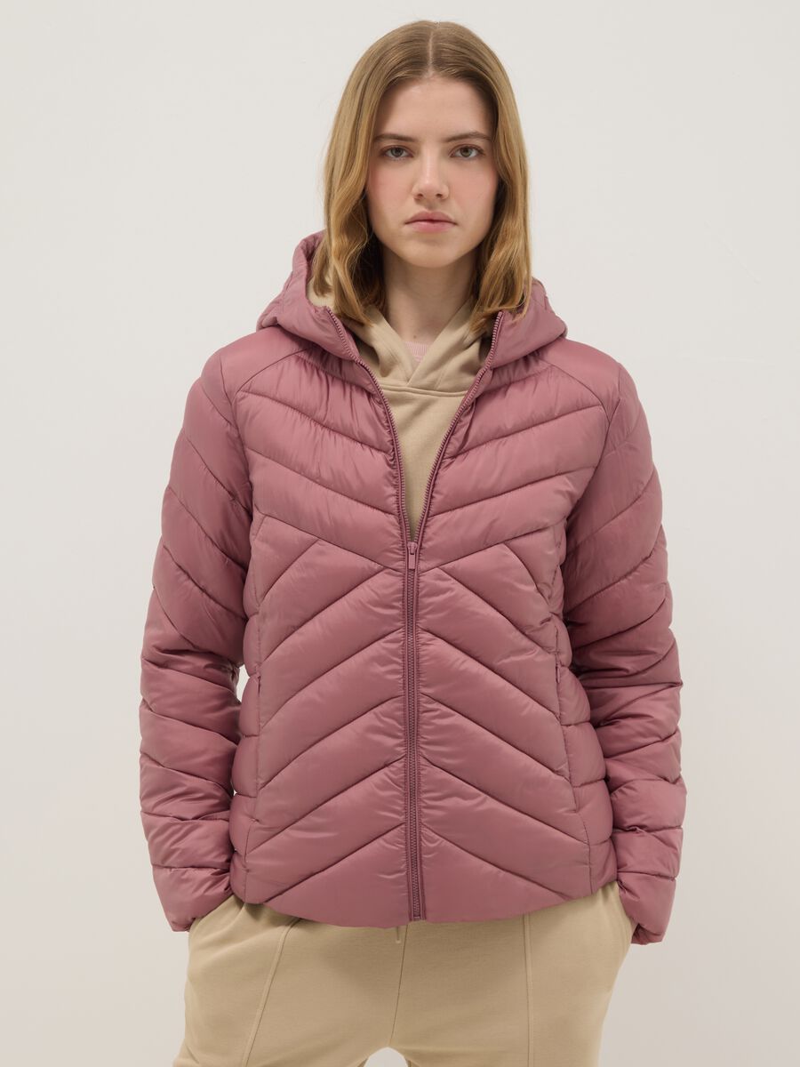 Regular fit pink padded jacket with hood_0